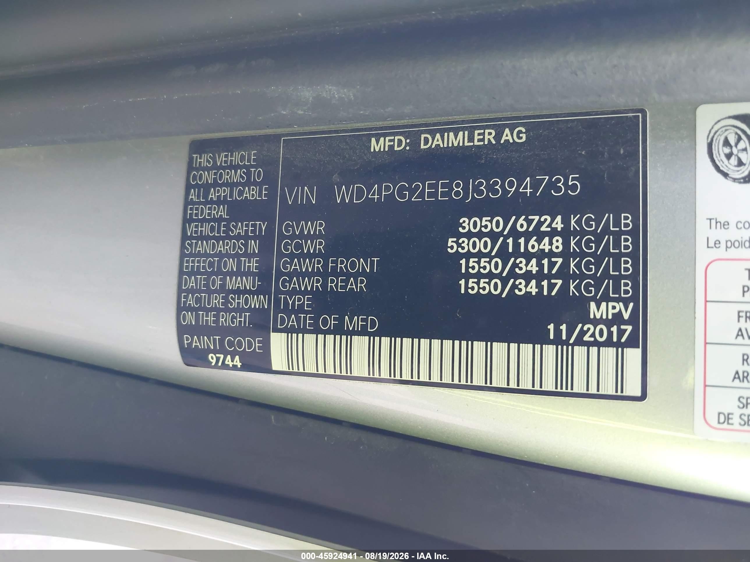 2018 Mercedes-benz Metris Серебряный vin: WD4PG2EE8J3394735