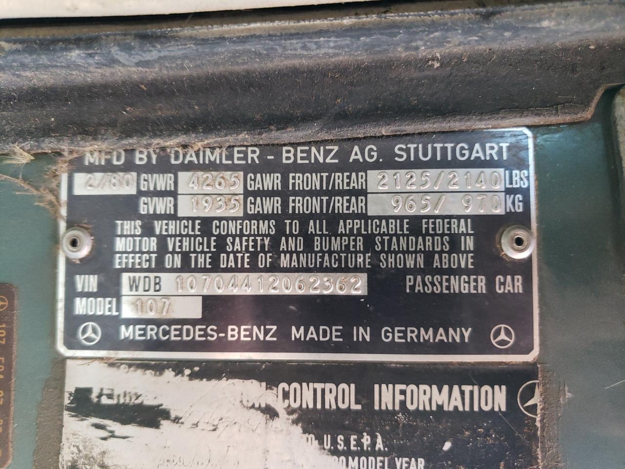 1980 Mercedes Benz 450 Sl Green vin: WDB10704412062362