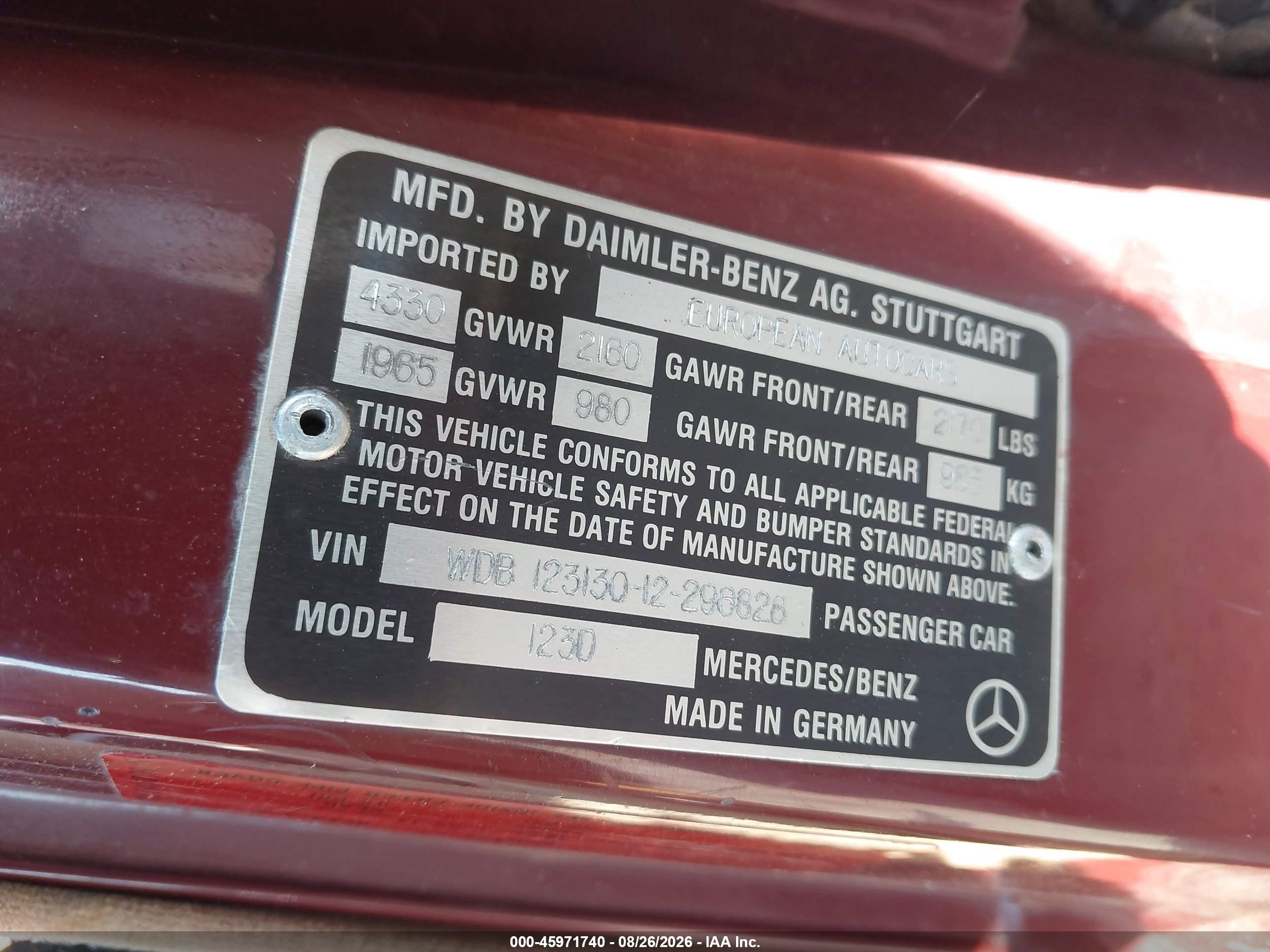 1983 Mercedes-benz B   Red vin: WDB12313012296828