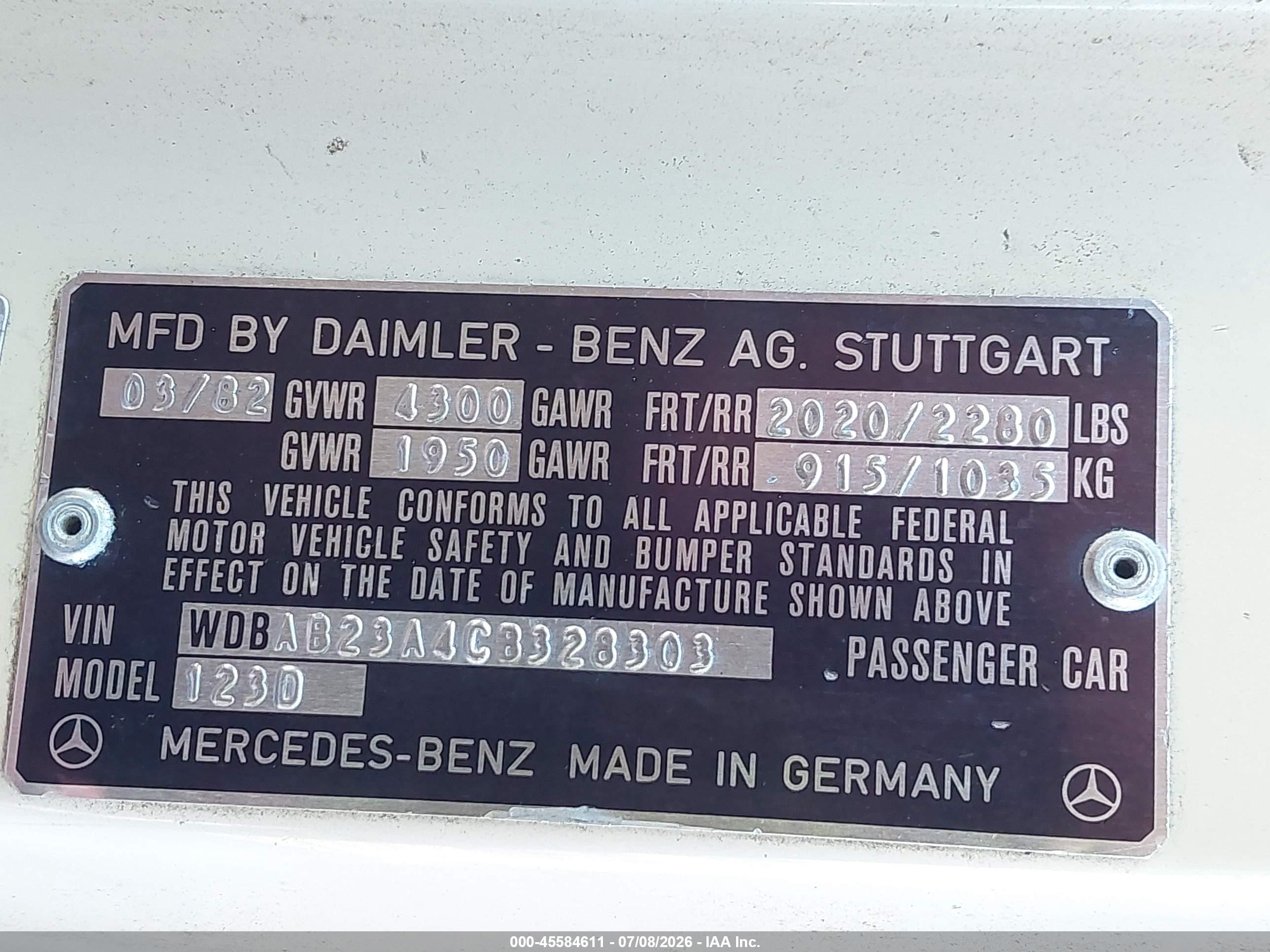 1982 Mercedes-benz 240 D White vin: WDBAB23A4CB328303