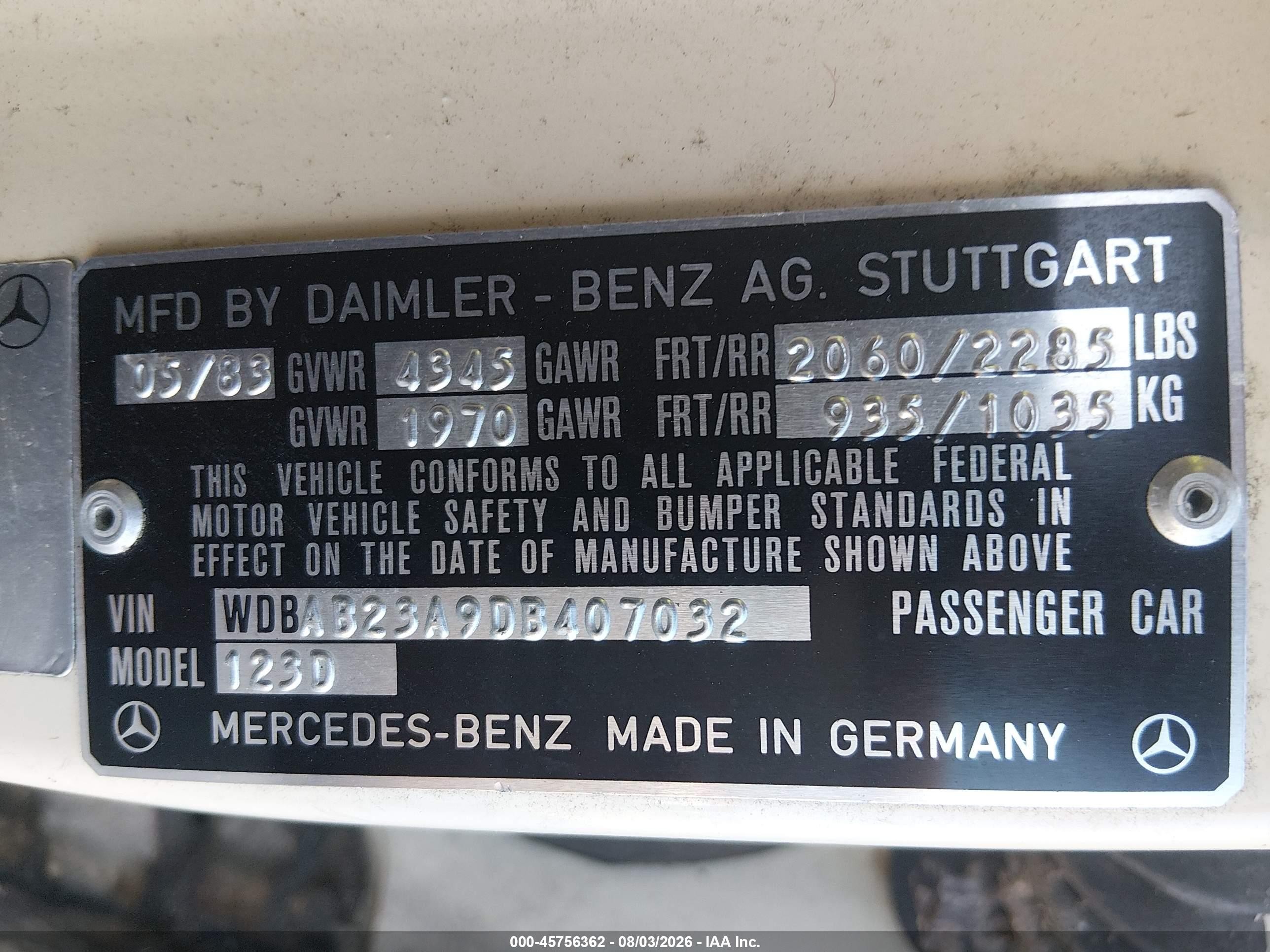1983 Mercedes-benz 240 D White vin: WDBAB23A9DB407032
