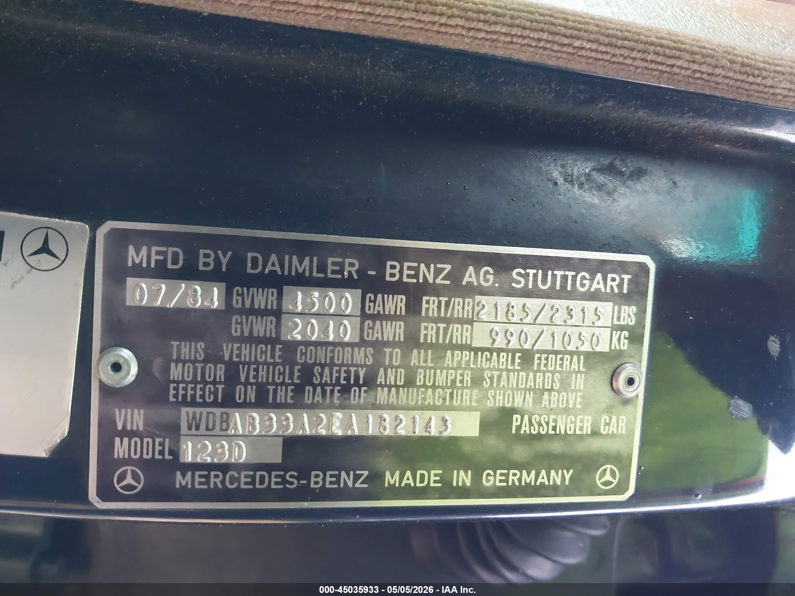 1984 Mercedes-benz 300 Dt Dark Blue vin: WDBAB33A2EA182143