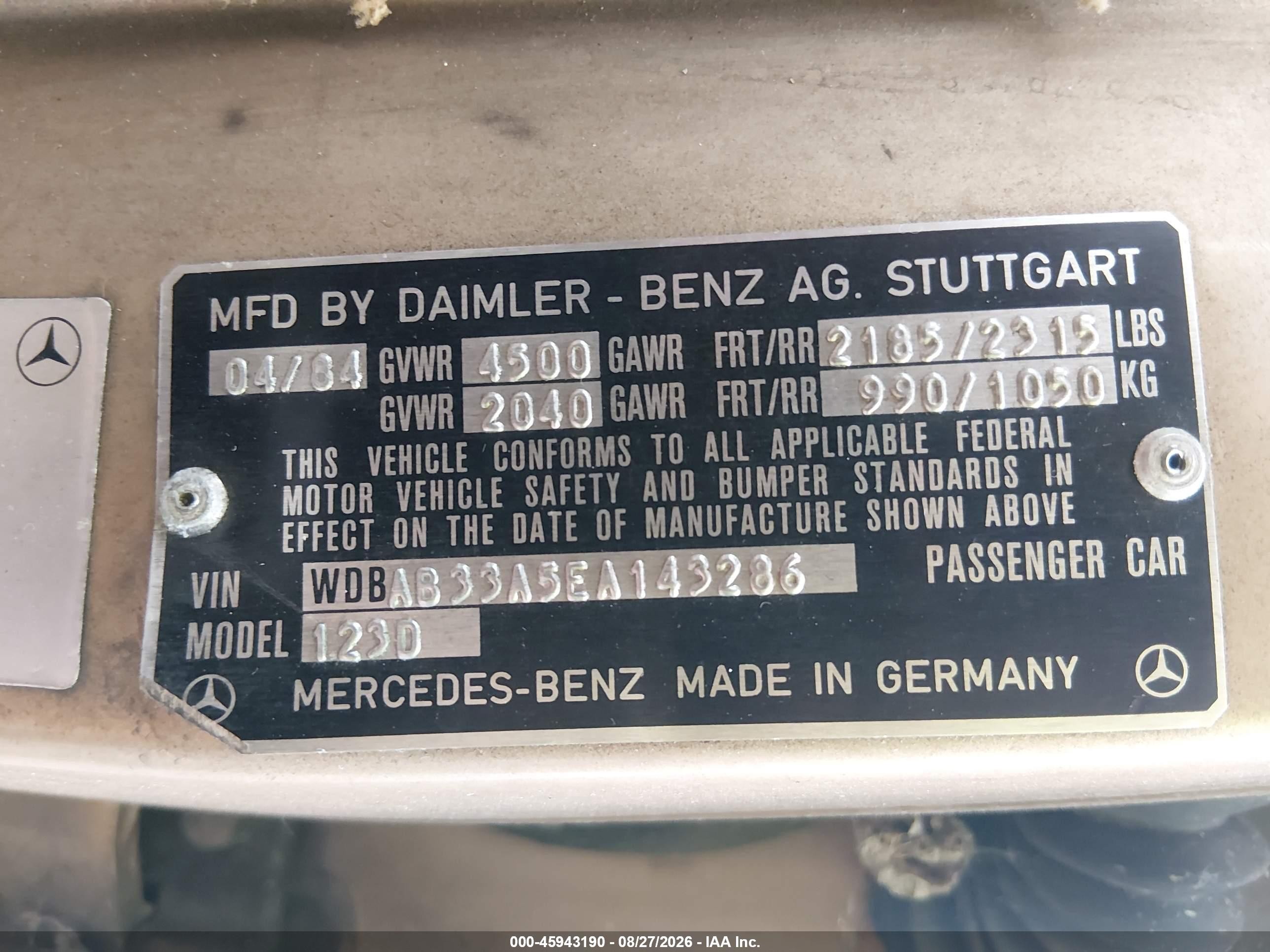 1984 Mercedes-benz 300 Dt Золотой vin: WDBAB33A5EA143286