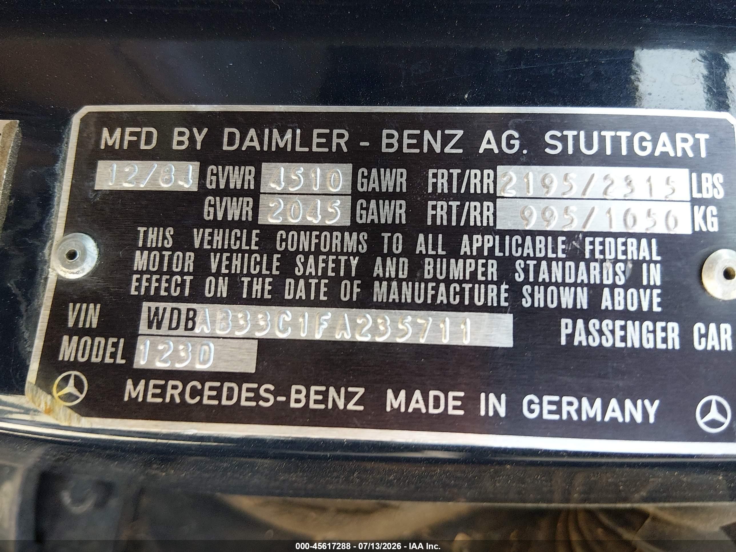 1985 Mercedes-benz 300 Dt Black vin: WDBAB33C1FA235711