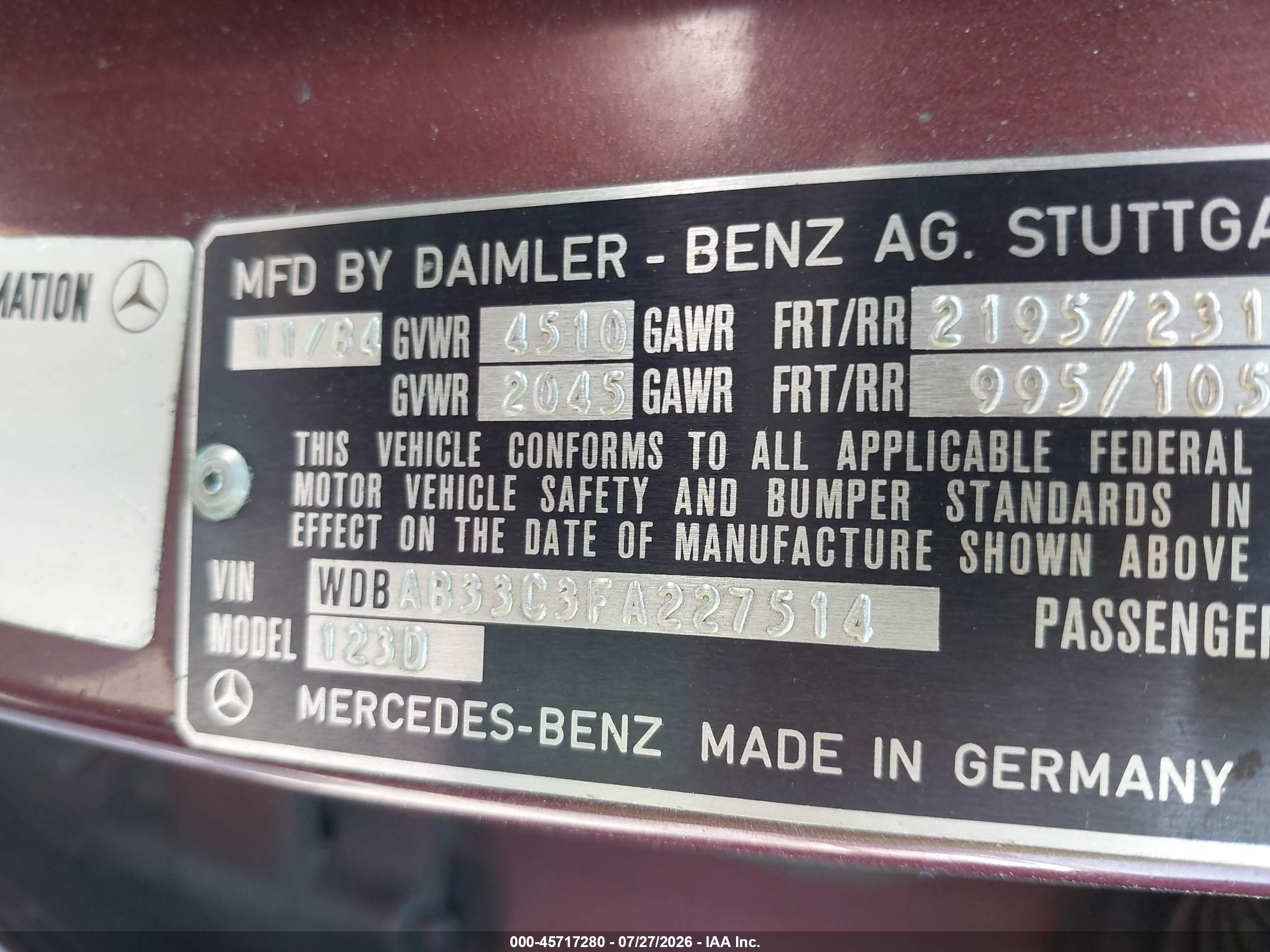 1985 Mercedes-benz 300 Dt Burgundy vin: WDBAB33C3FA227514