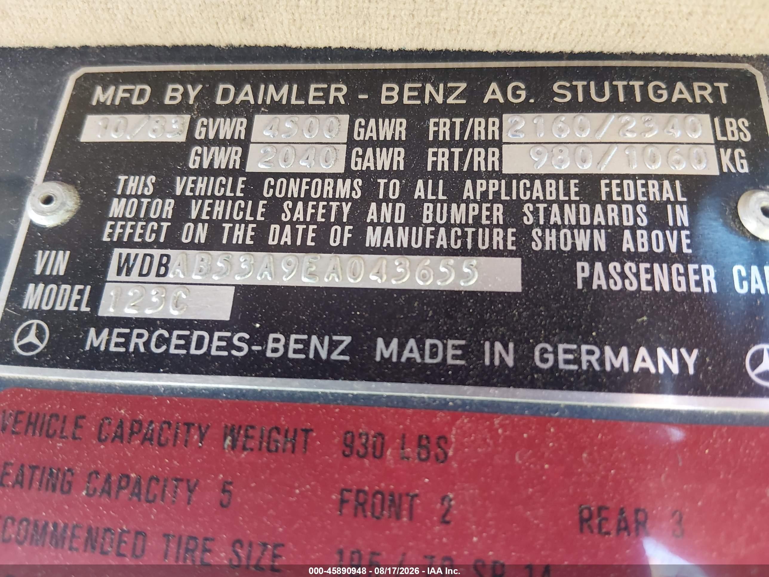 1984 Mercedes-benz 300 Cdt Light Blue vin: WDBAB53A9EA043655