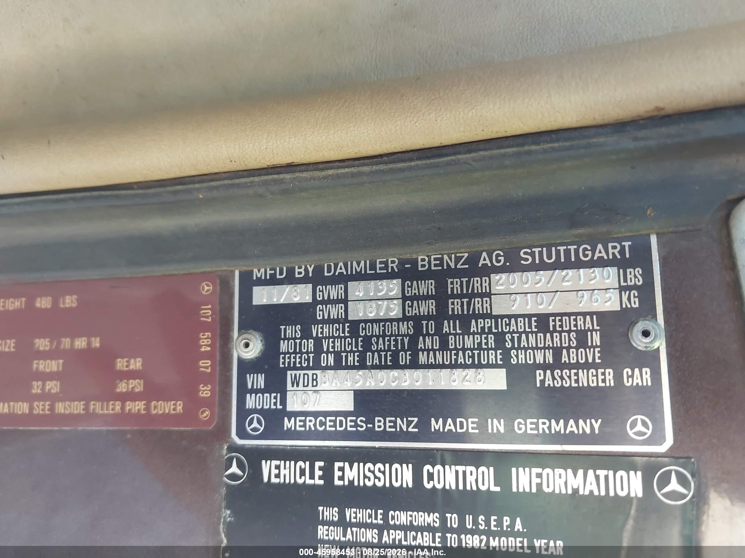 1982 Mercedes-benz 380 Sl Brown vin: WDBBA45A0CB011828