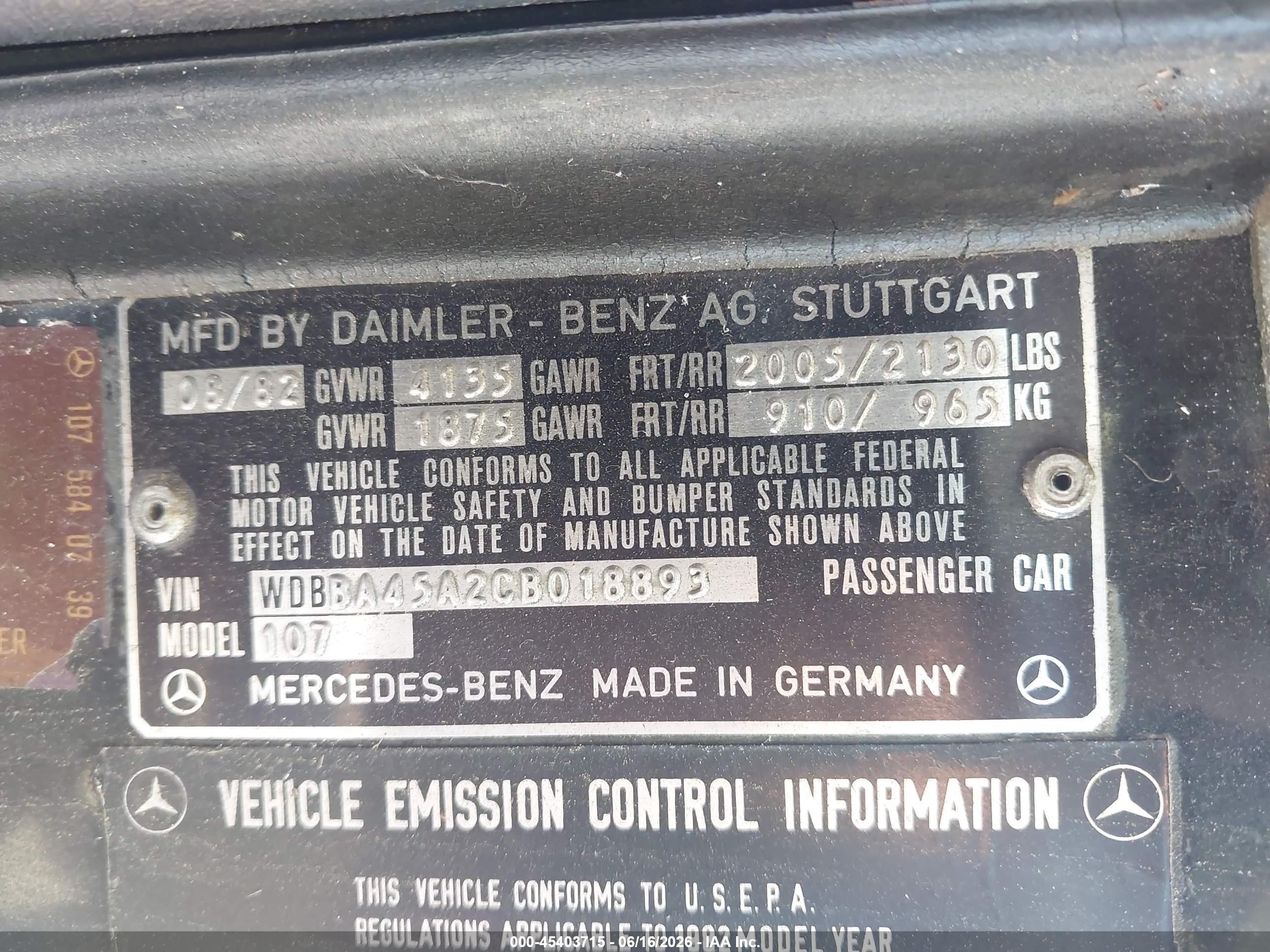 1982 Mercedes-benz 380 Sl Черный vin: WDBBA45A2CB018893