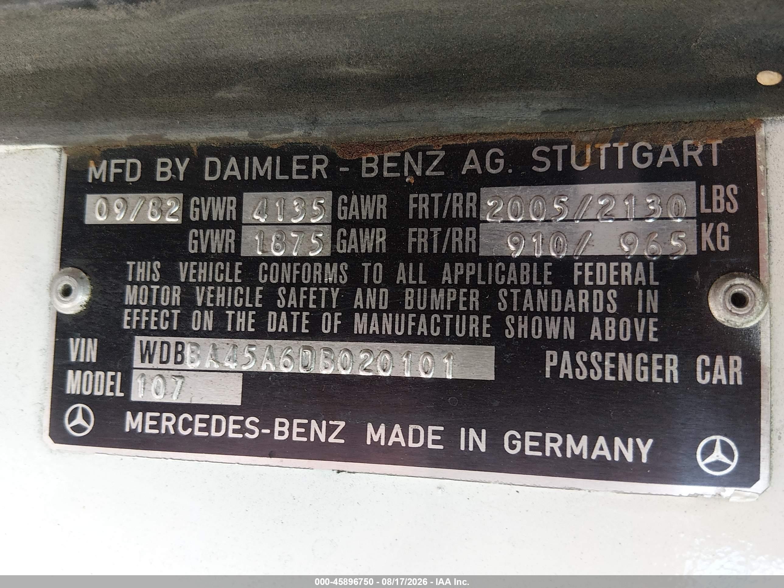 1983 Mercedes-benz 380 Sl White vin: WDBBA45A6DB020101