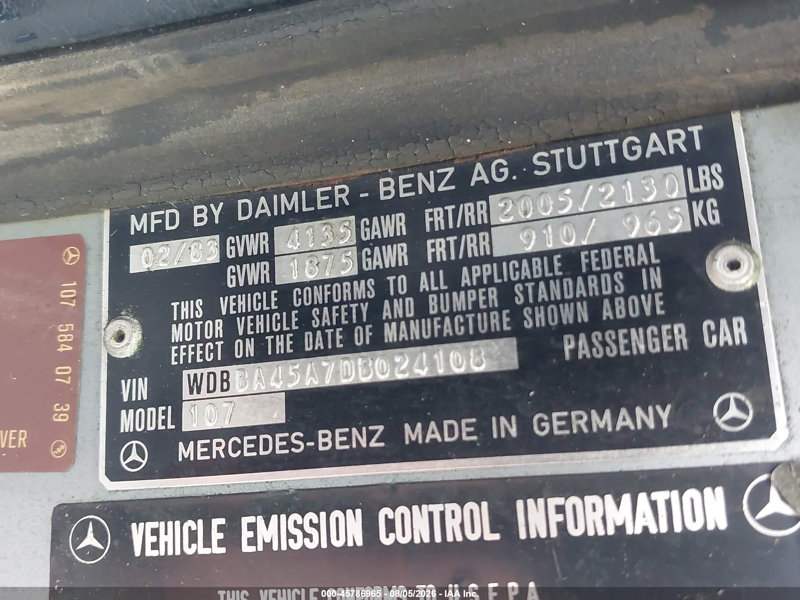 1983 Mercedes-benz 380 Sl Blue vin: WDBBA45A7DB024108