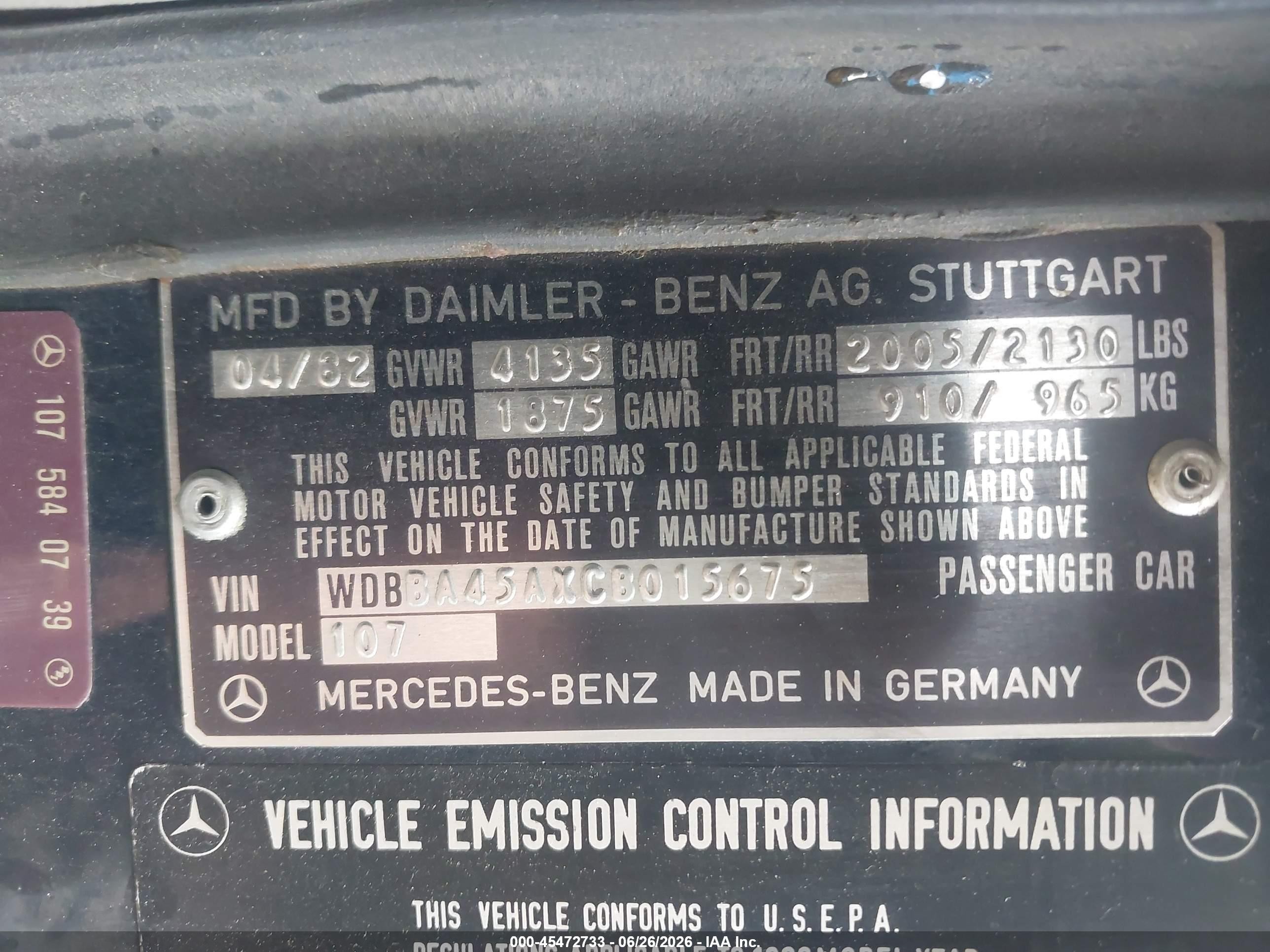 1982 Mercedes-benz 380 Sl Blue vin: WDBBA45AXCB015675