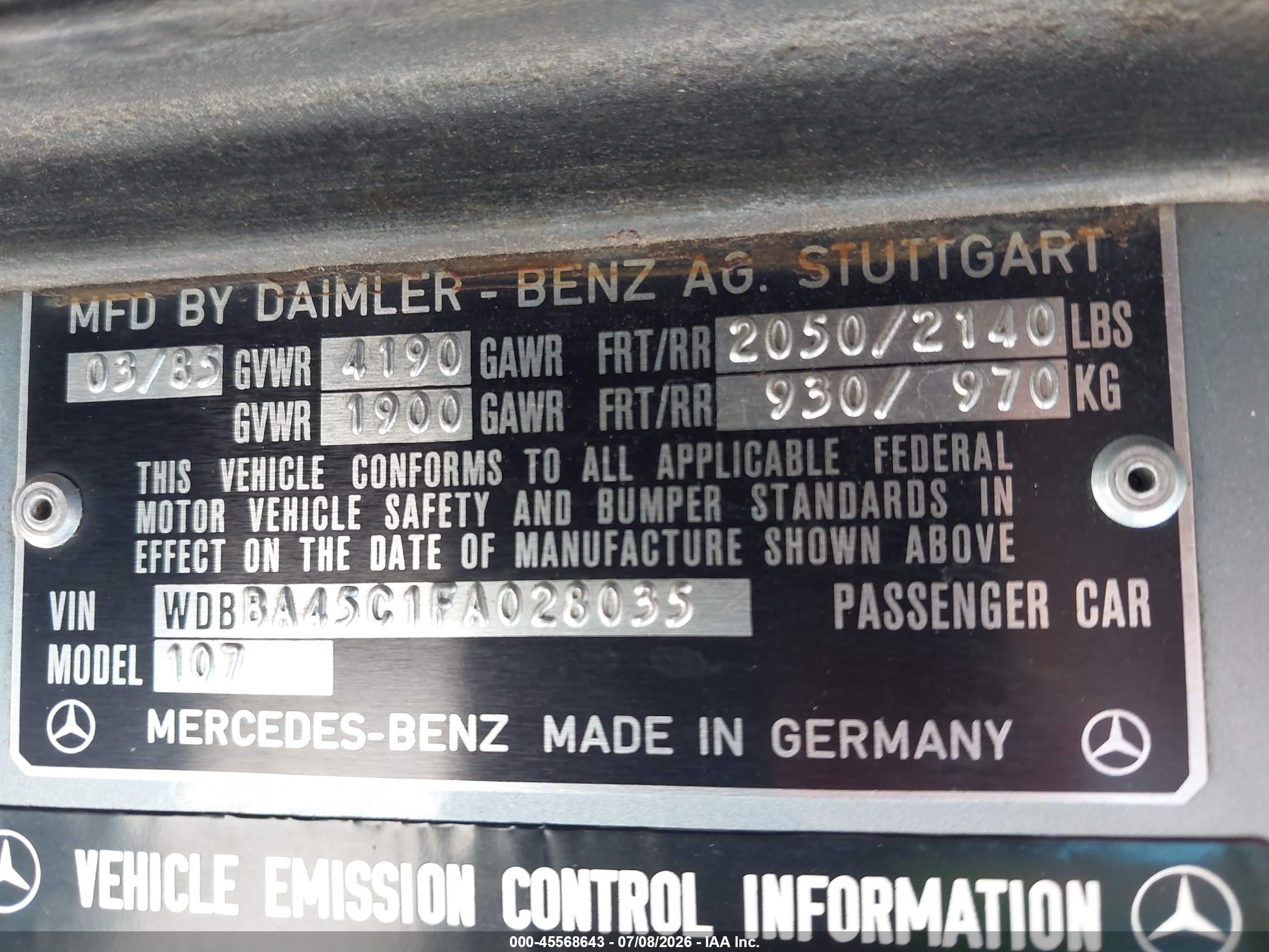1985 Mercedes-benz 380 Sl Light Blue vin: WDBBA45C1FA028035