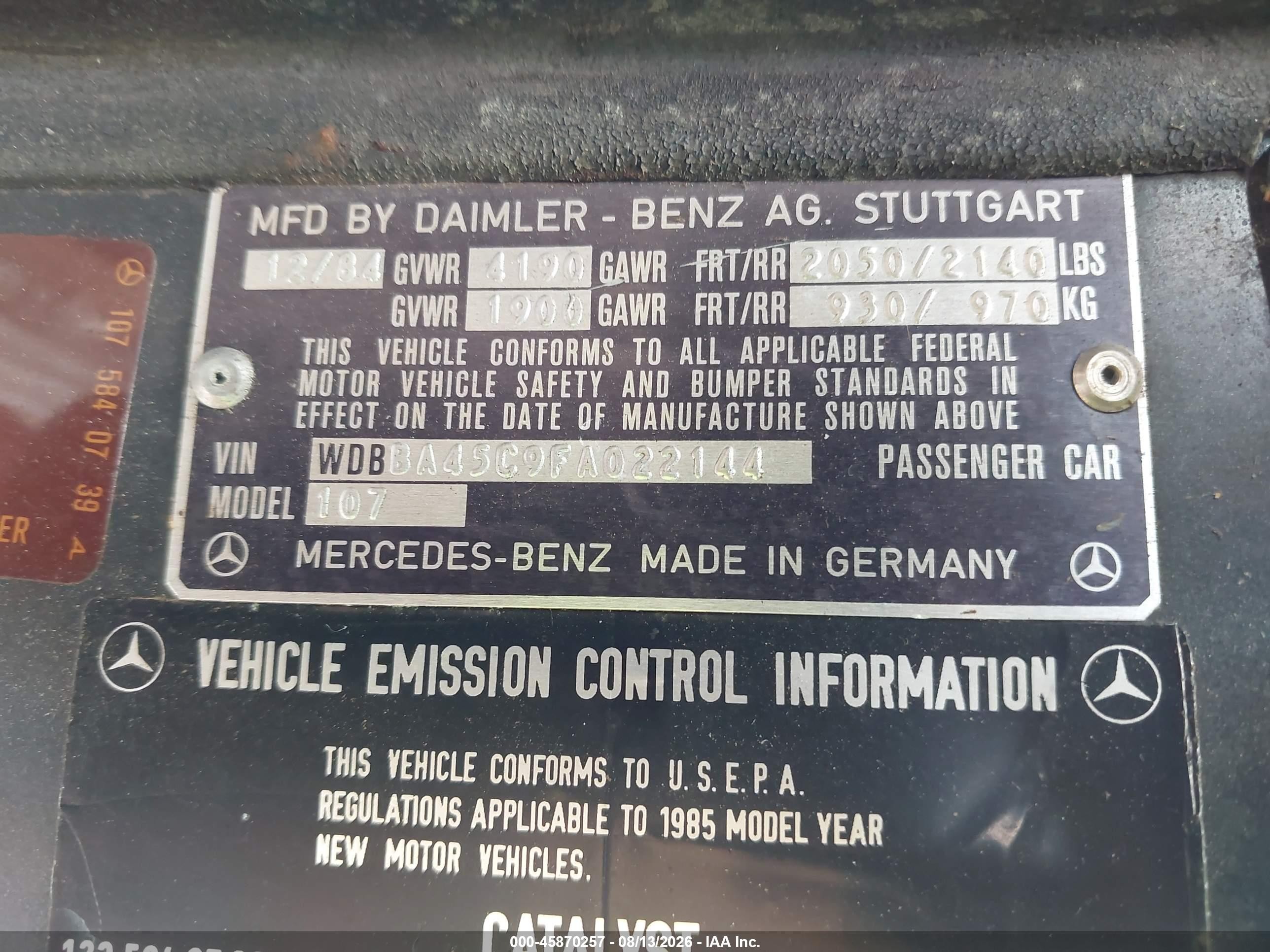 1985 Mercedes-benz 380 Sl Black vin: WDBBA45C9FA022144