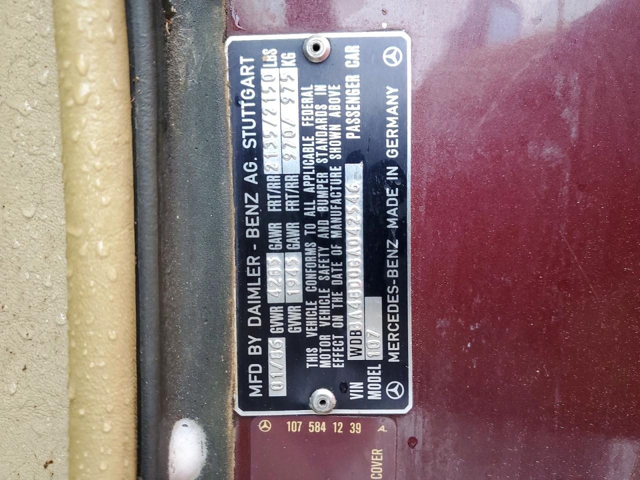 1986 Mercedes-benz 560 Sl Burgundy vin: WDBBA48D0GA042546