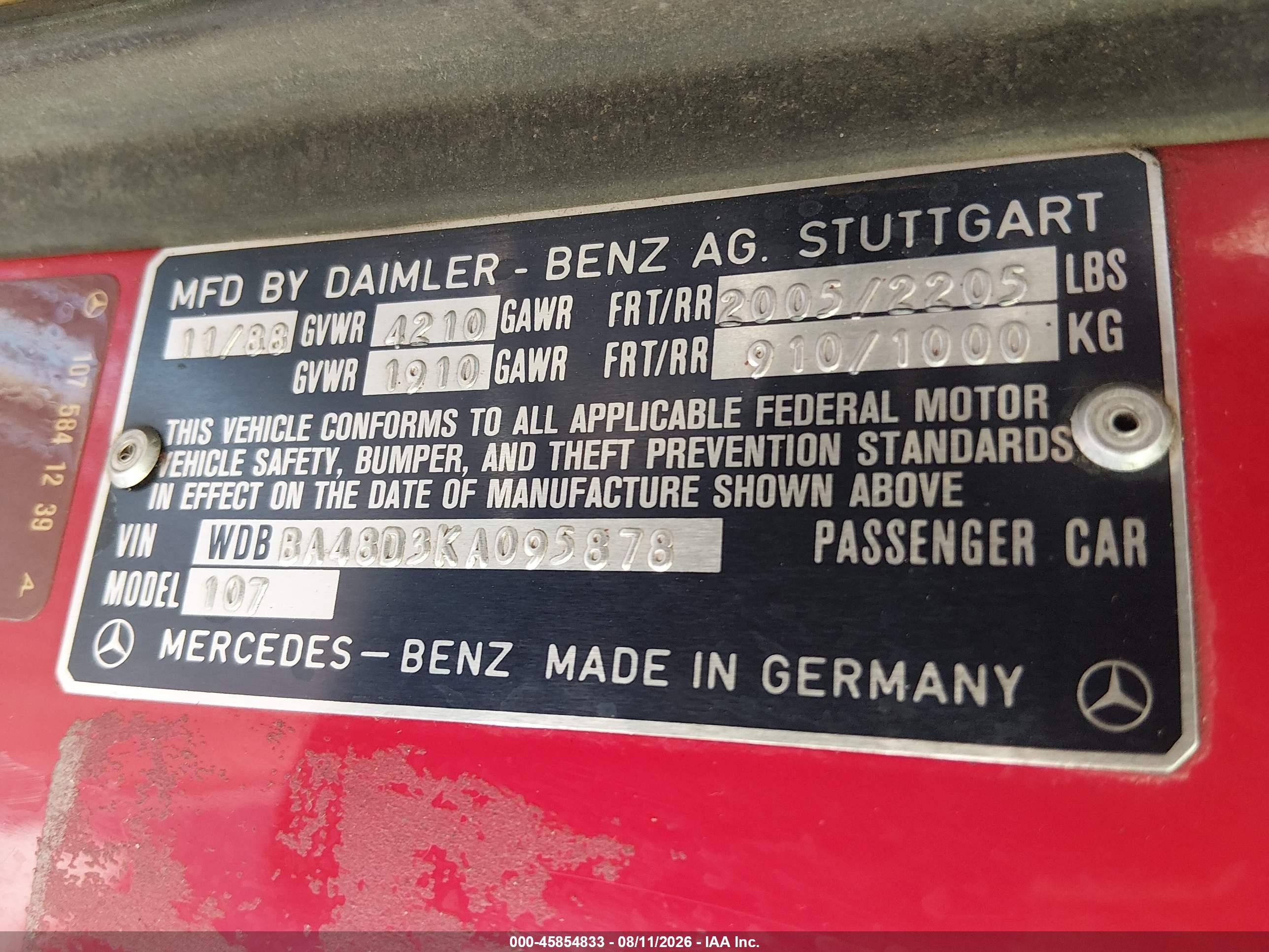 1989 Mercedes-benz 560 Sl Red vin: WDBBA48D3KA095878
