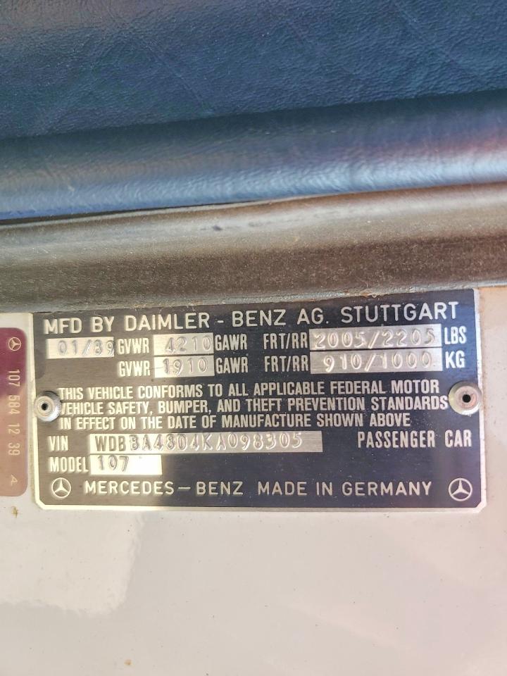 1989 Mercedes-benz 560 Sl Белый vin: WDBBA48D4KA098305