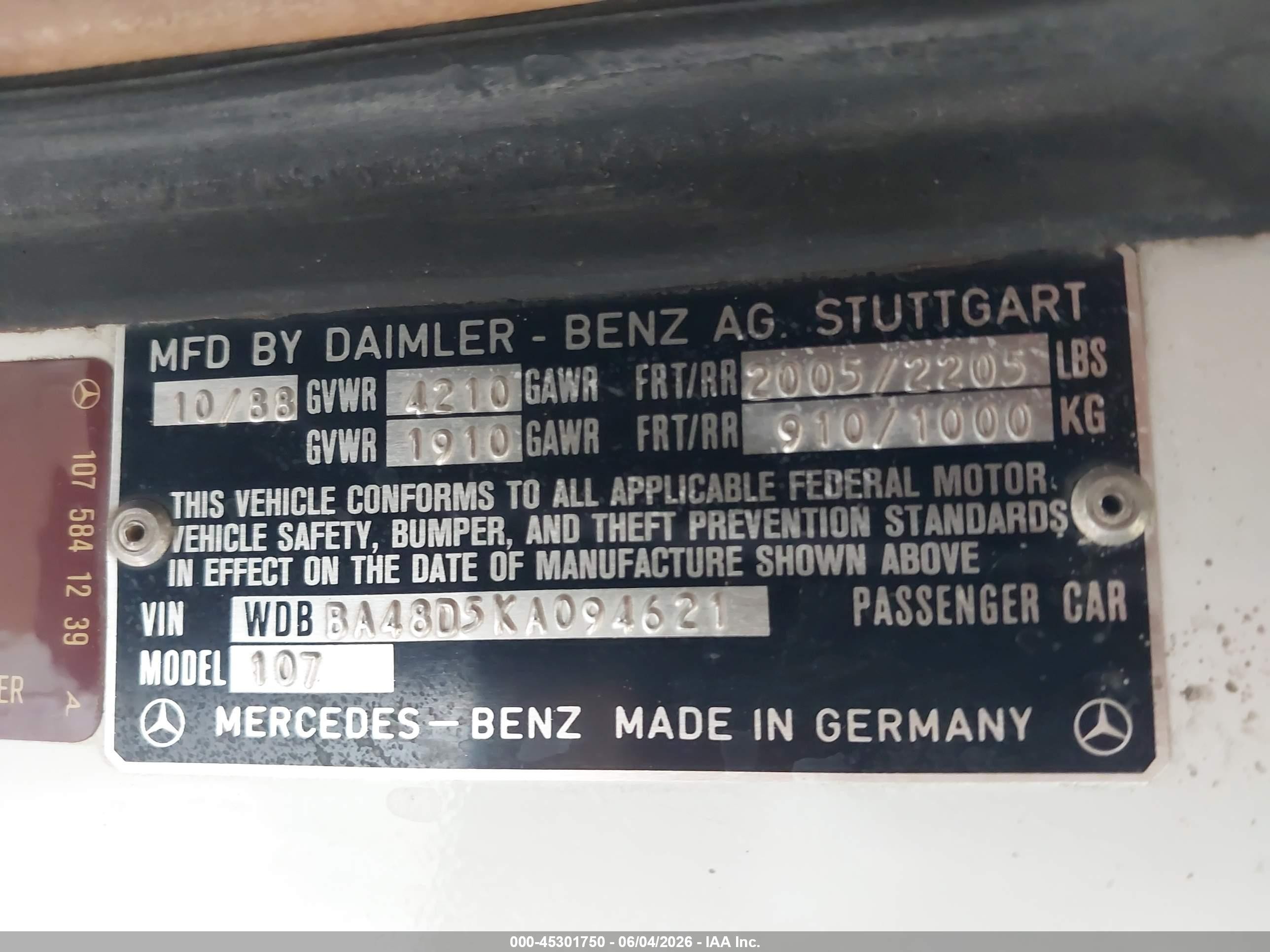 1989 Mercedes-benz 560 Sl White vin: WDBBA48D5KA094621