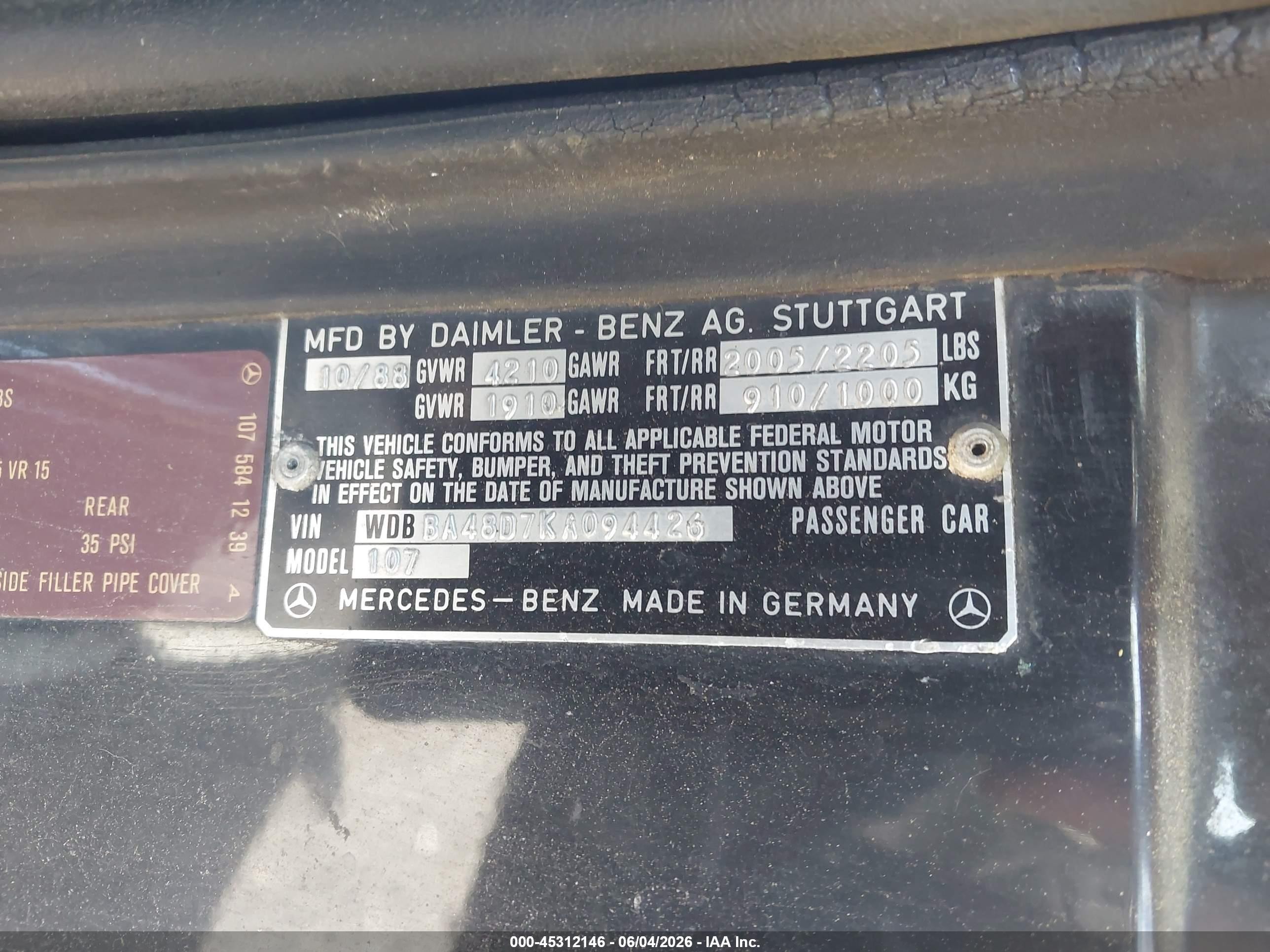1989 Mercedes-benz 560 Sl Черный vin: WDBBA48D7KA094426