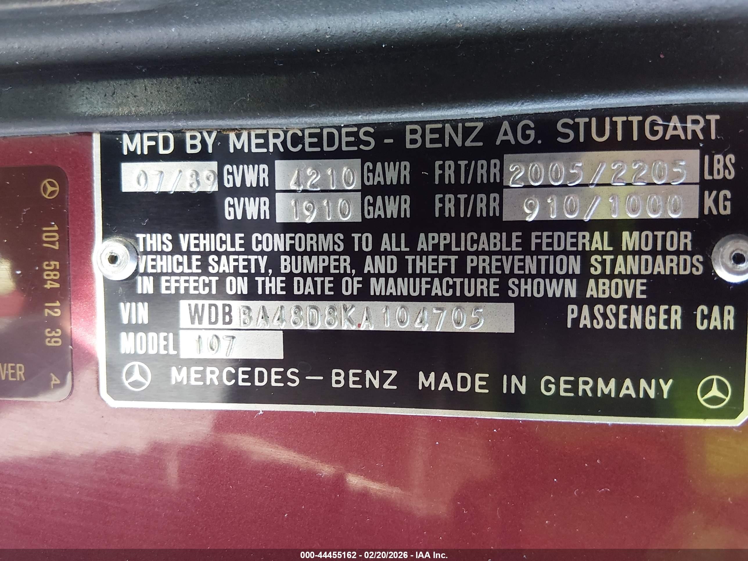 1989 Mercedes-benz 560 Sl Burgundy vin: WDBBA48D8KA104705