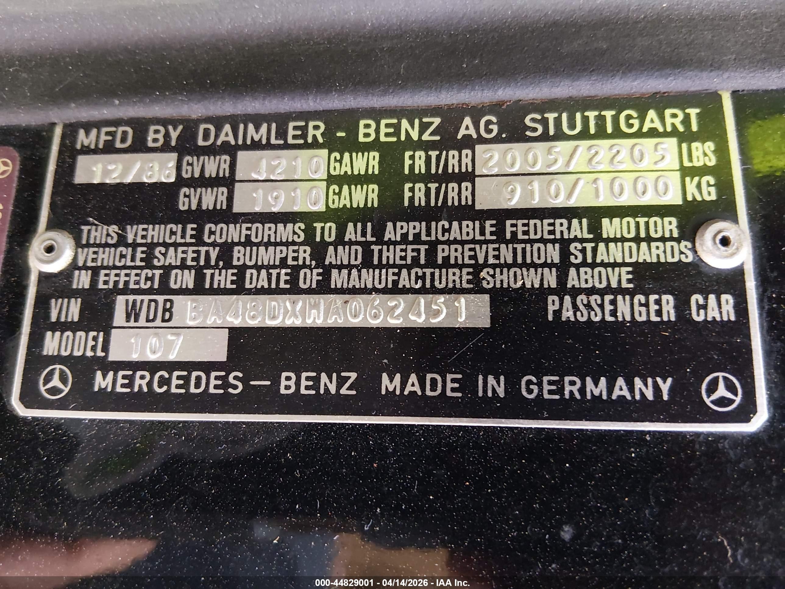 1987 Mercedes-benz 560 Sl Черный vin: WDBBA48DXHA062451