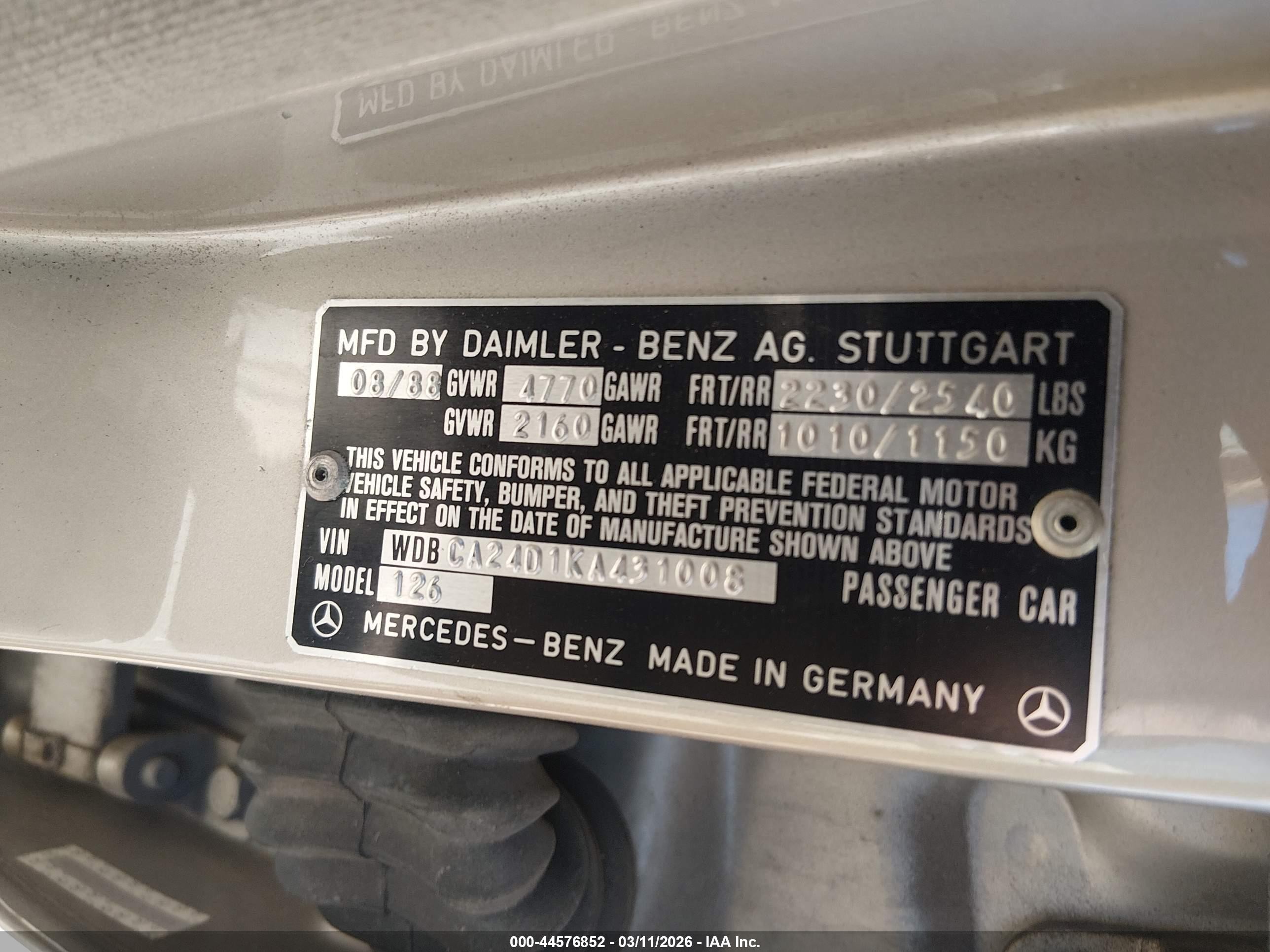 1989 Mercedes-benz 300 Se Champagne vin: WDBCA24D1KA431008