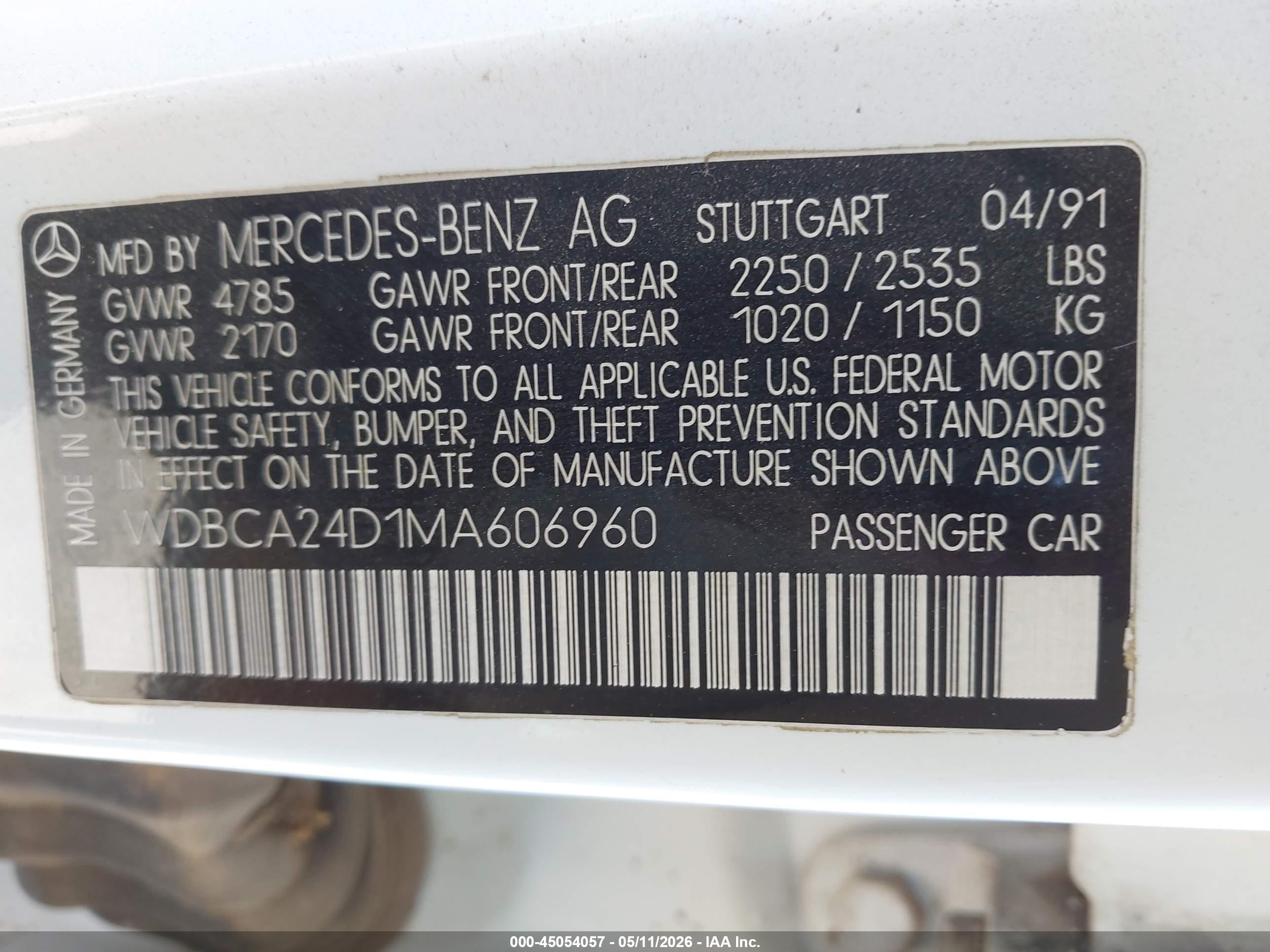 1991 Mercedes-benz 300 Se White vin: WDBCA24D1MA606960
