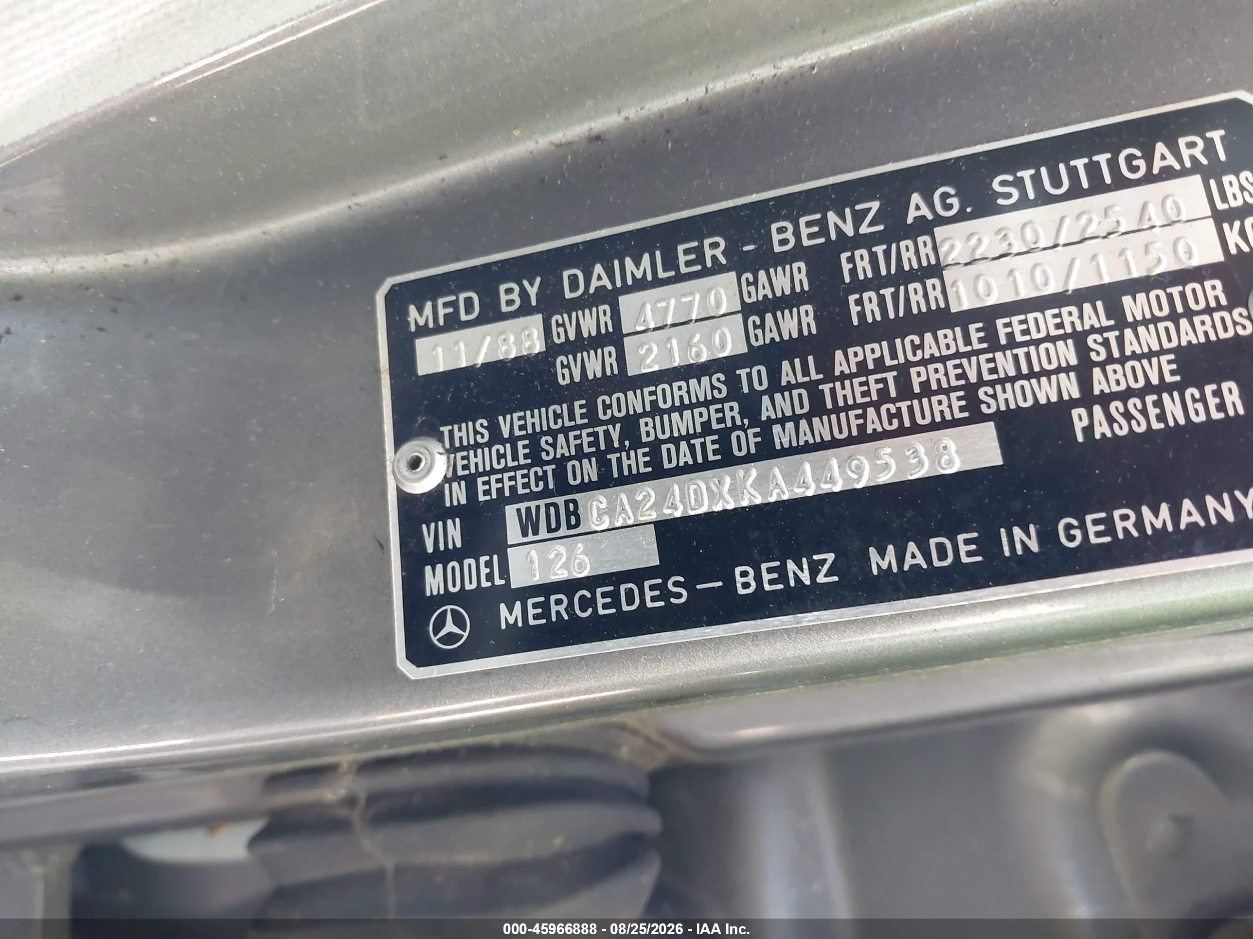 1989 Mercedes-benz 300 Se Gray vin: WDBCA24DXKA449538
