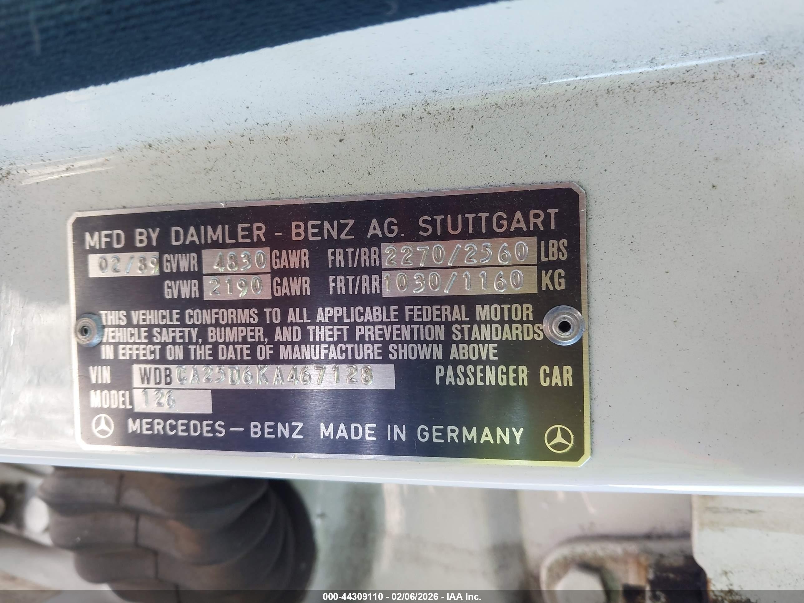 1989 Mercedes-benz 300 Sel Белый vin: WDBCA25D6KA467128