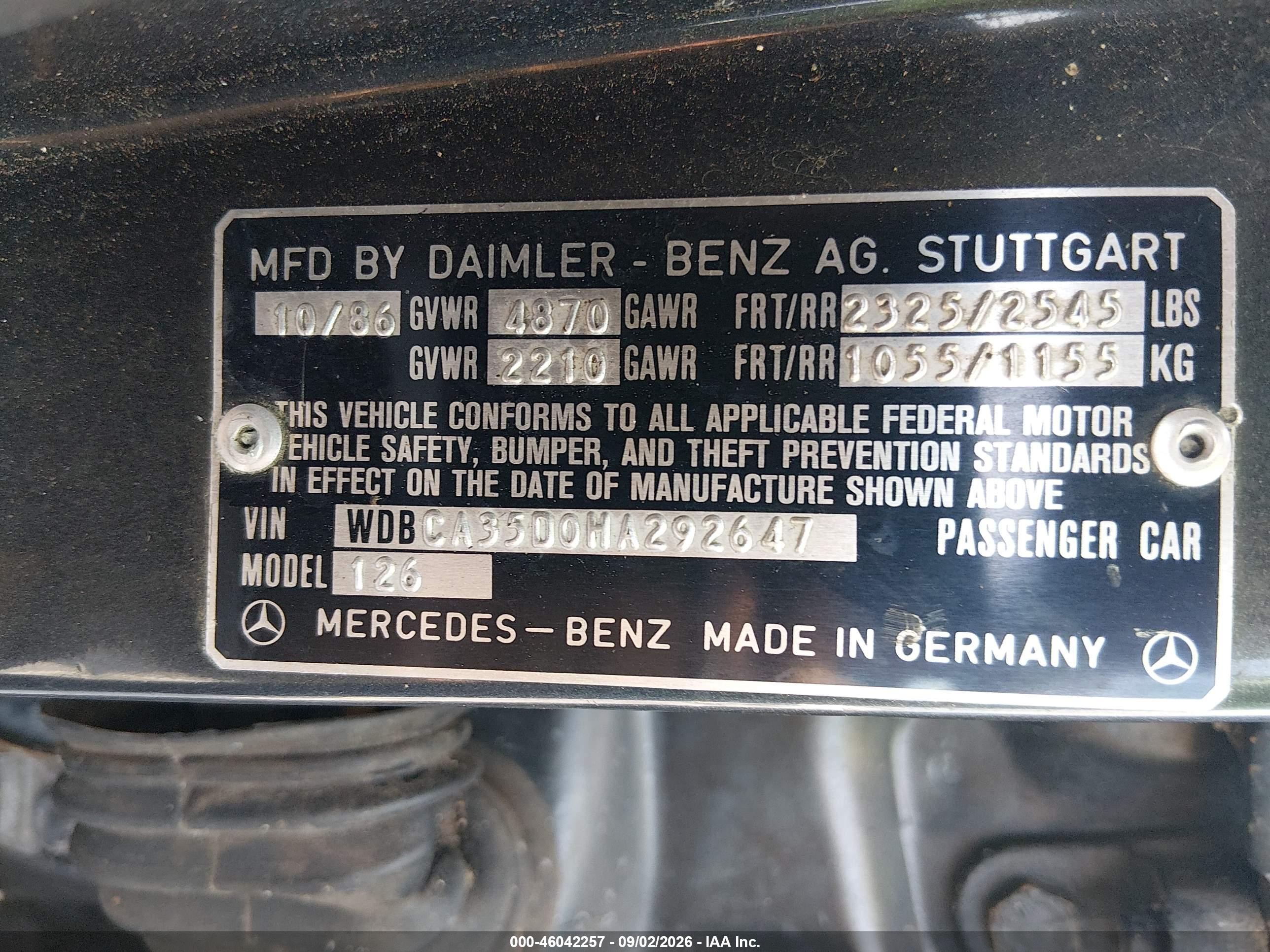 1987 Mercedes-benz 420 Sel Black vin: WDBCA35D0HA292647