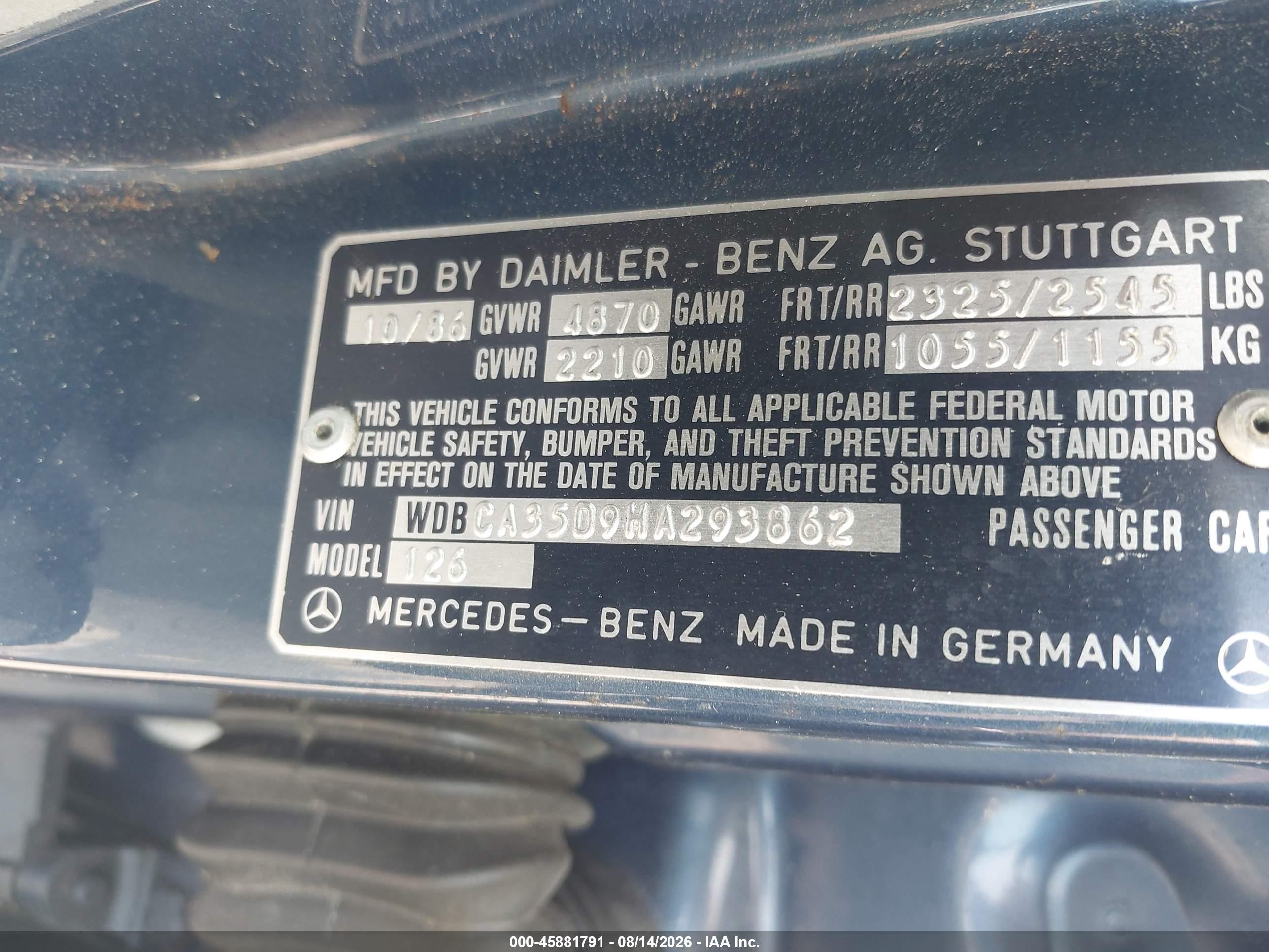 1987 Mercedes-benz 420 Sel Blue vin: WDBCA35D9HA293862