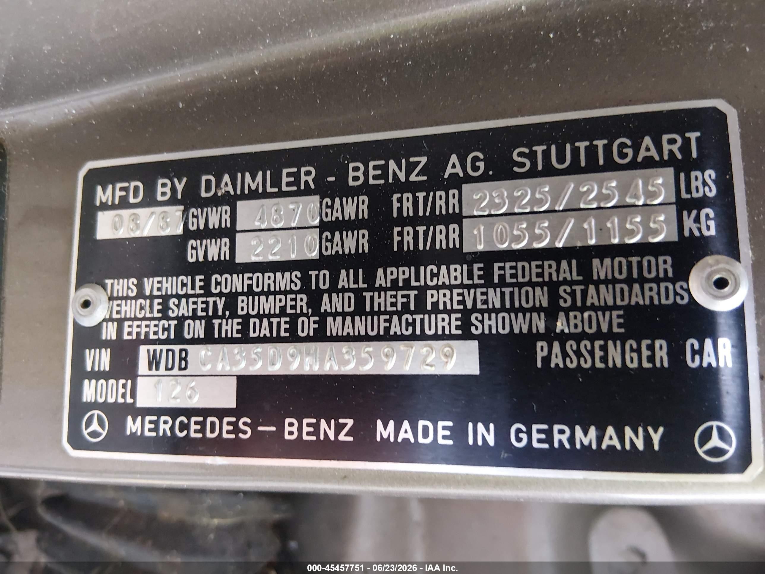 1987 Mercedes-benz 420 Sel Коричневый vin: WDBCA35D9HA359729