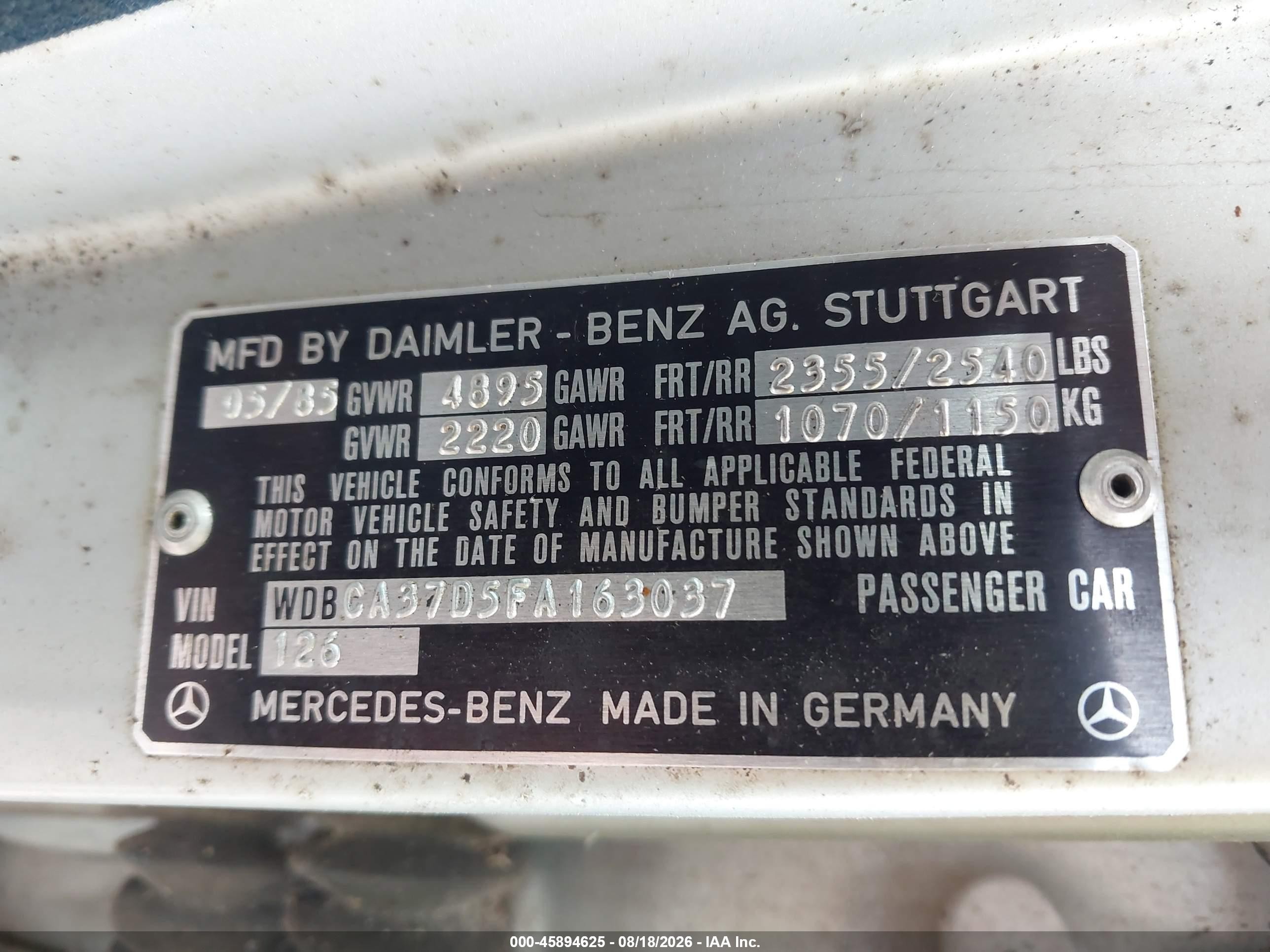 1985 Mercedes-benz 500 Sel Silver vin: WDBCA37D5FA163037