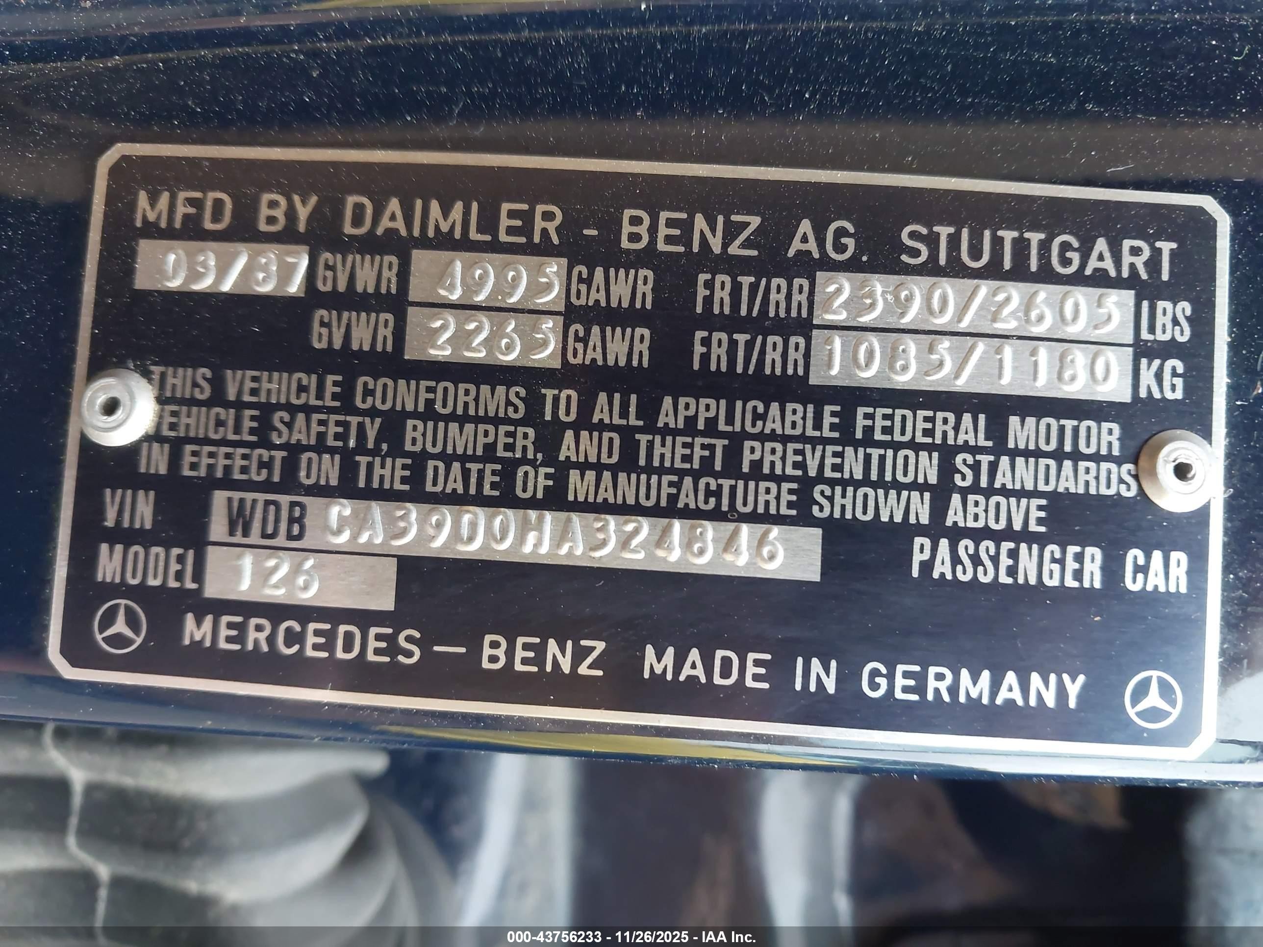 1987 Mercedes-benz 560 Sel Синий vin: WDBCA39D0HA324846