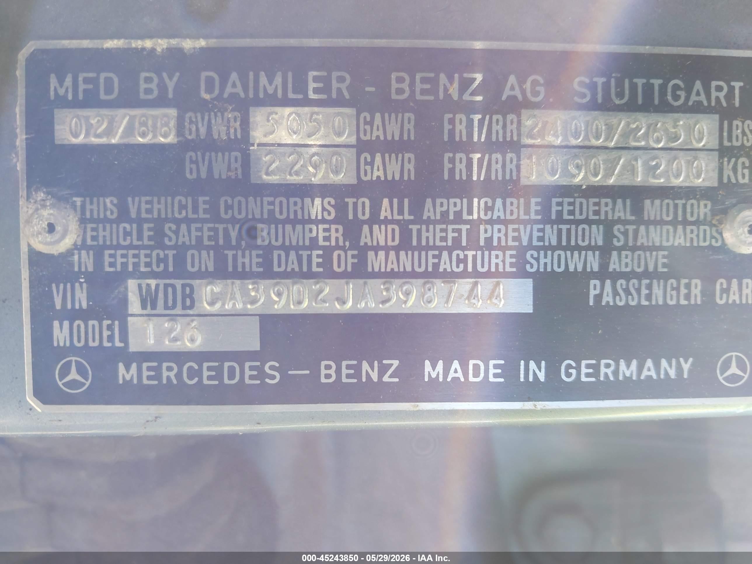 1988 Mercedes-benz 560 Sel Light Blue vin: WDBCA39D2JA398744