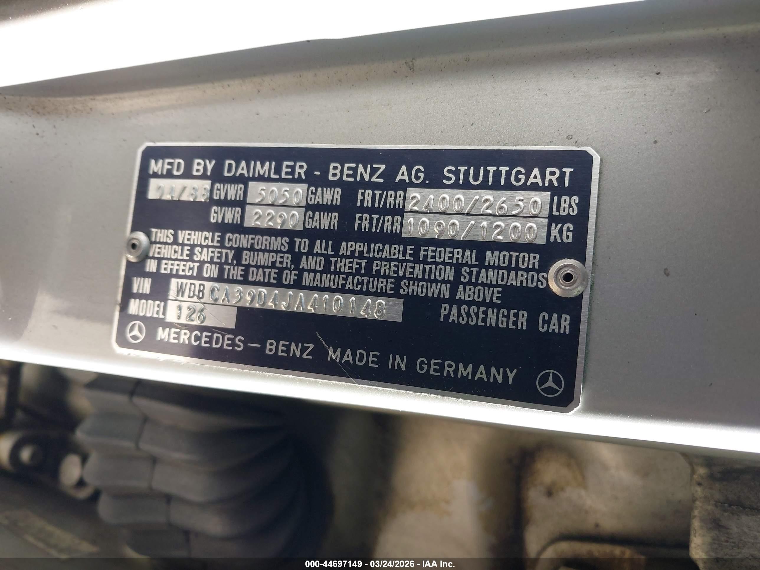 1988 Mercedes-benz 560 Sel Silver vin: WDBCA39D4JA410148