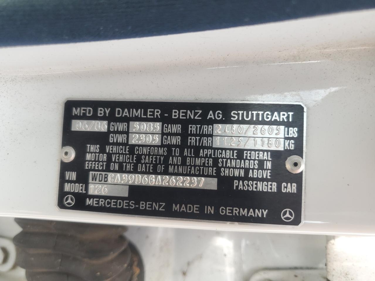 1986 Mercedes-benz 560 Sel White vin: WDBCA39D6GA262237