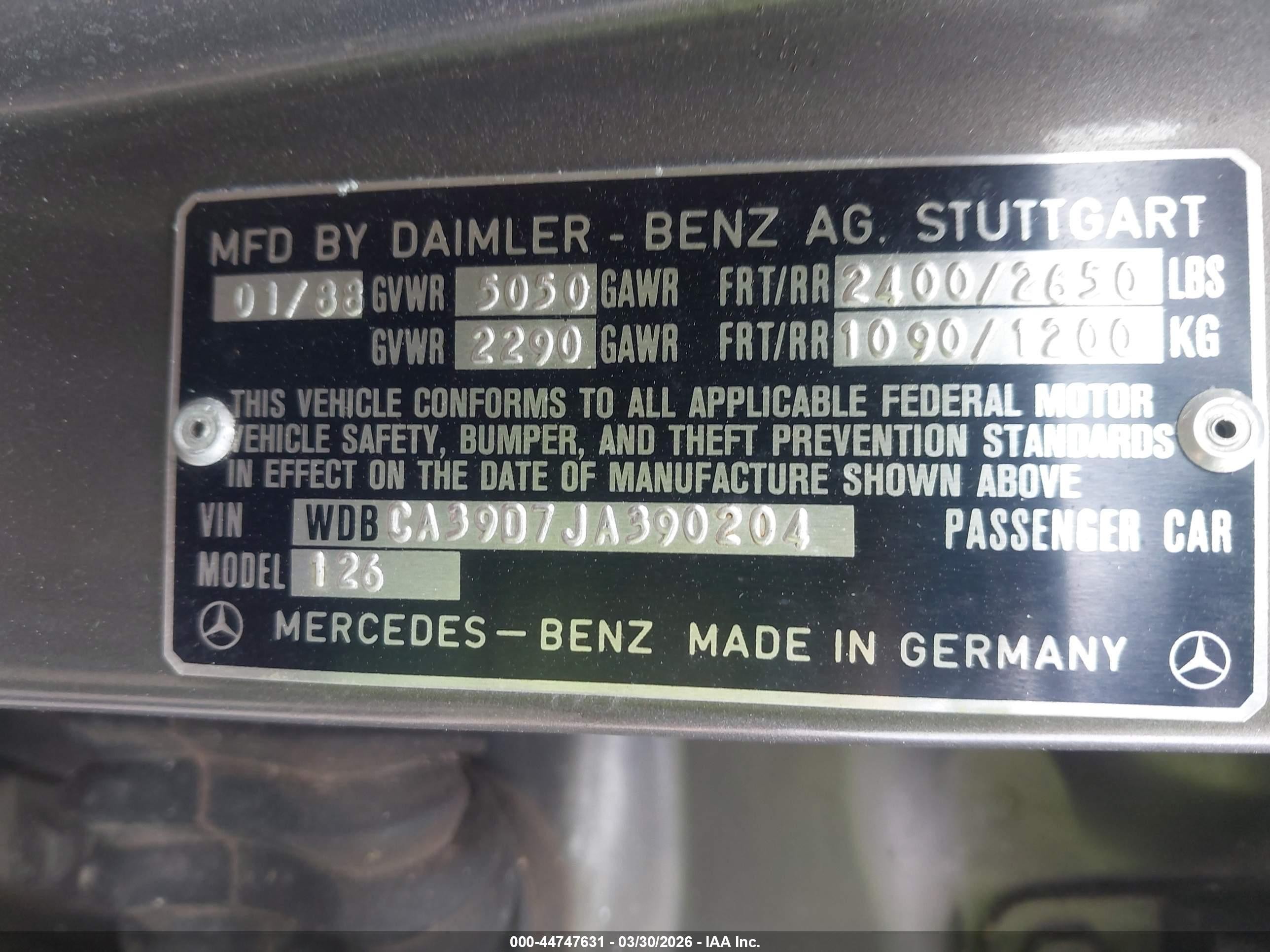 1988 Mercedes-benz 560 Sel Silver vin: WDBCA39D7JA390204