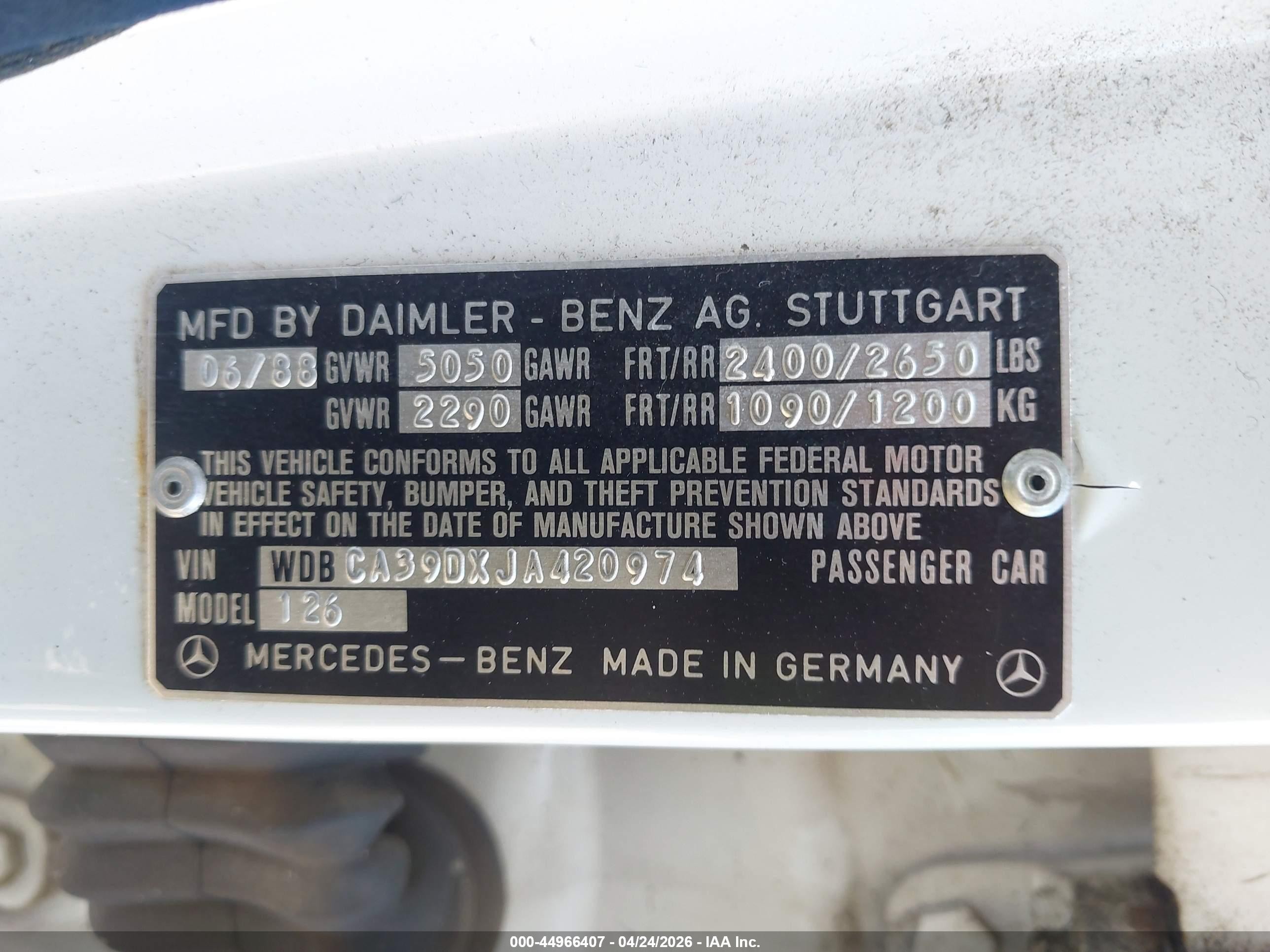 1988 Mercedes-benz 560 Sel Белый vin: WDBCA39DXJA420974