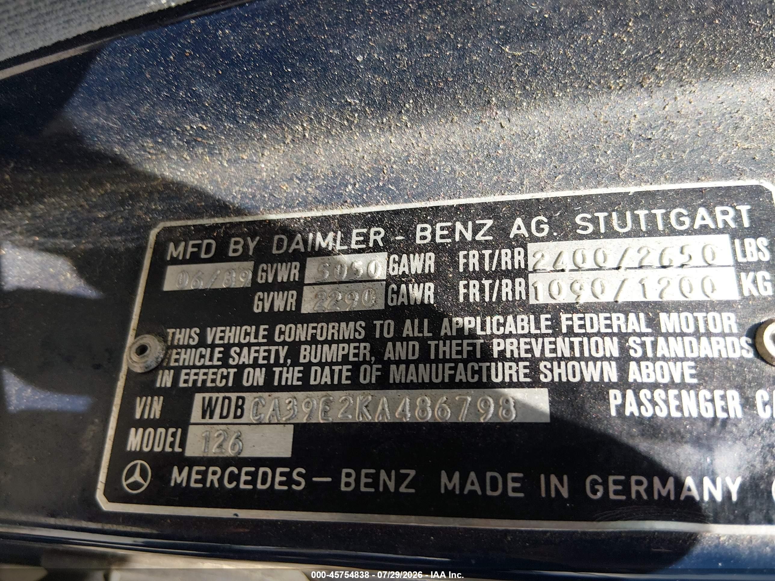 1989 Mercedes-benz 560 Sel Blue vin: WDBCA39E2KA486798
