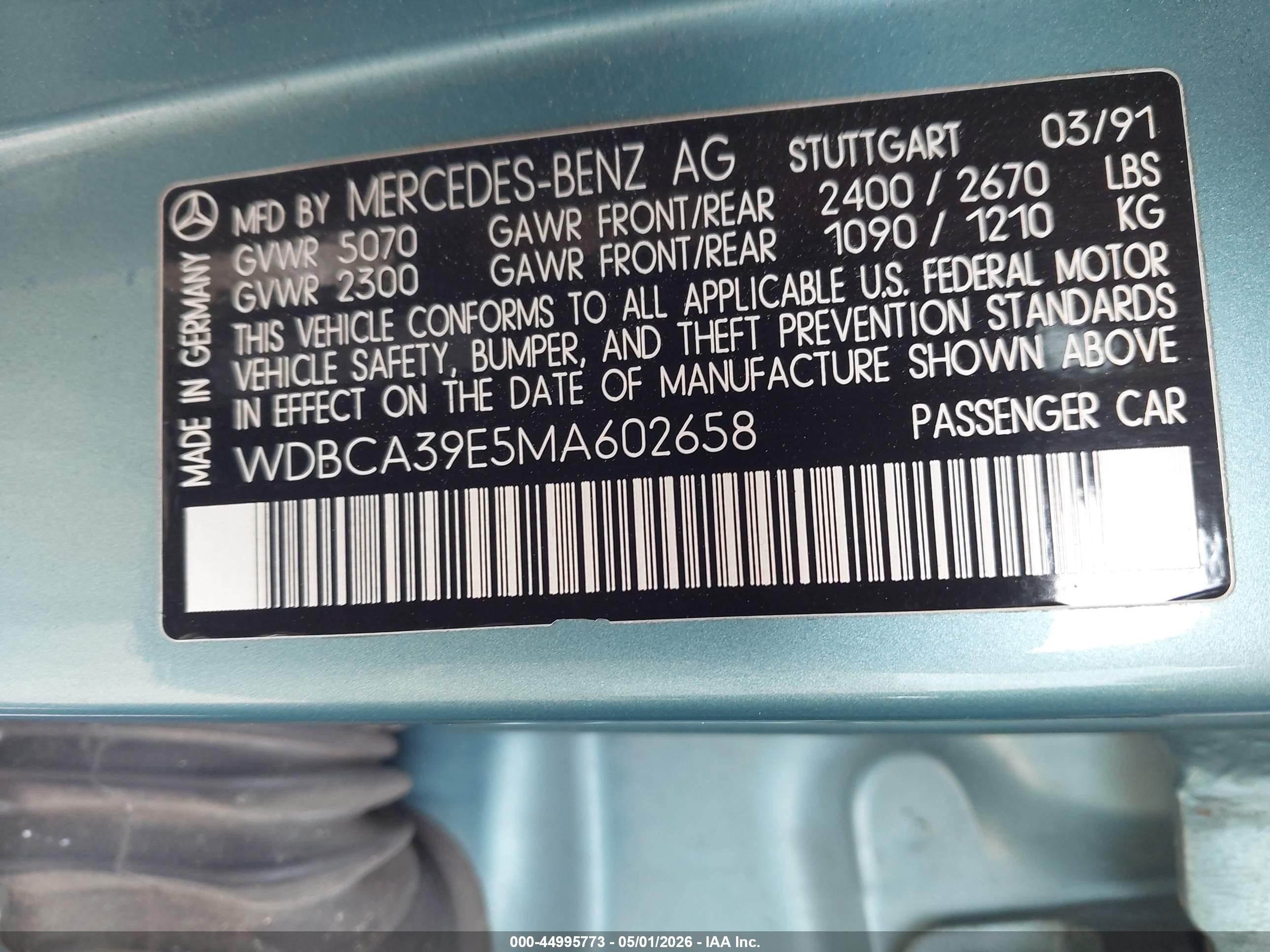 1991 Mercedes-benz 560 Sel Teal vin: WDBCA39E5MA602658