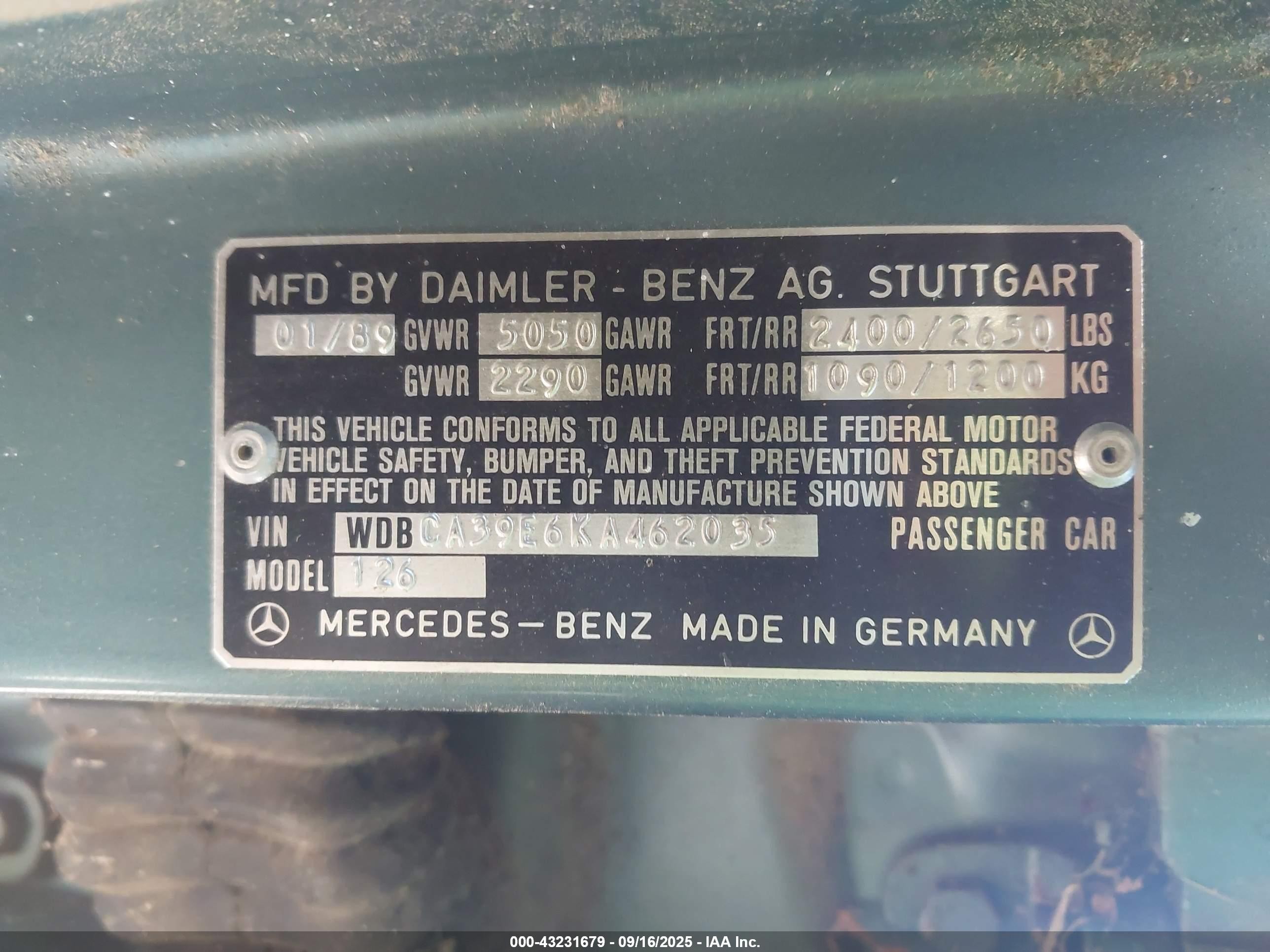1989 Mercedes-benz 560 Sel Light Blue vin: WDBCA39E6KA462035