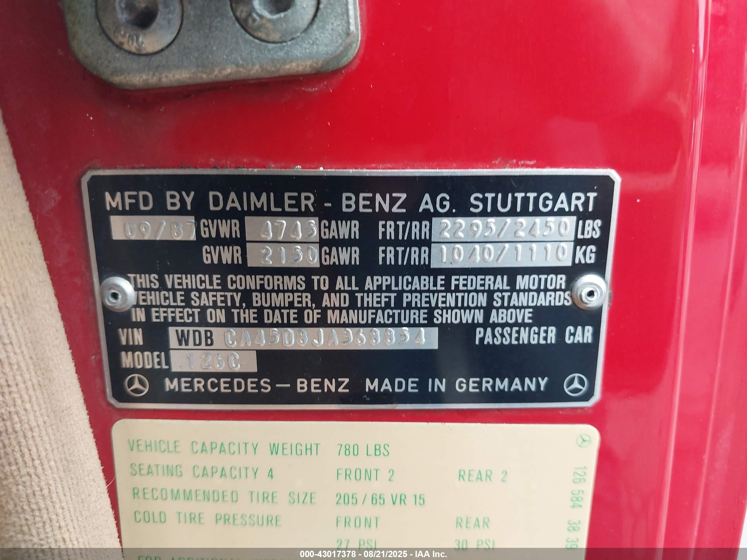 1988 Mercedes-benz 560 Sec Red vin: WDBCA45D8JA368854