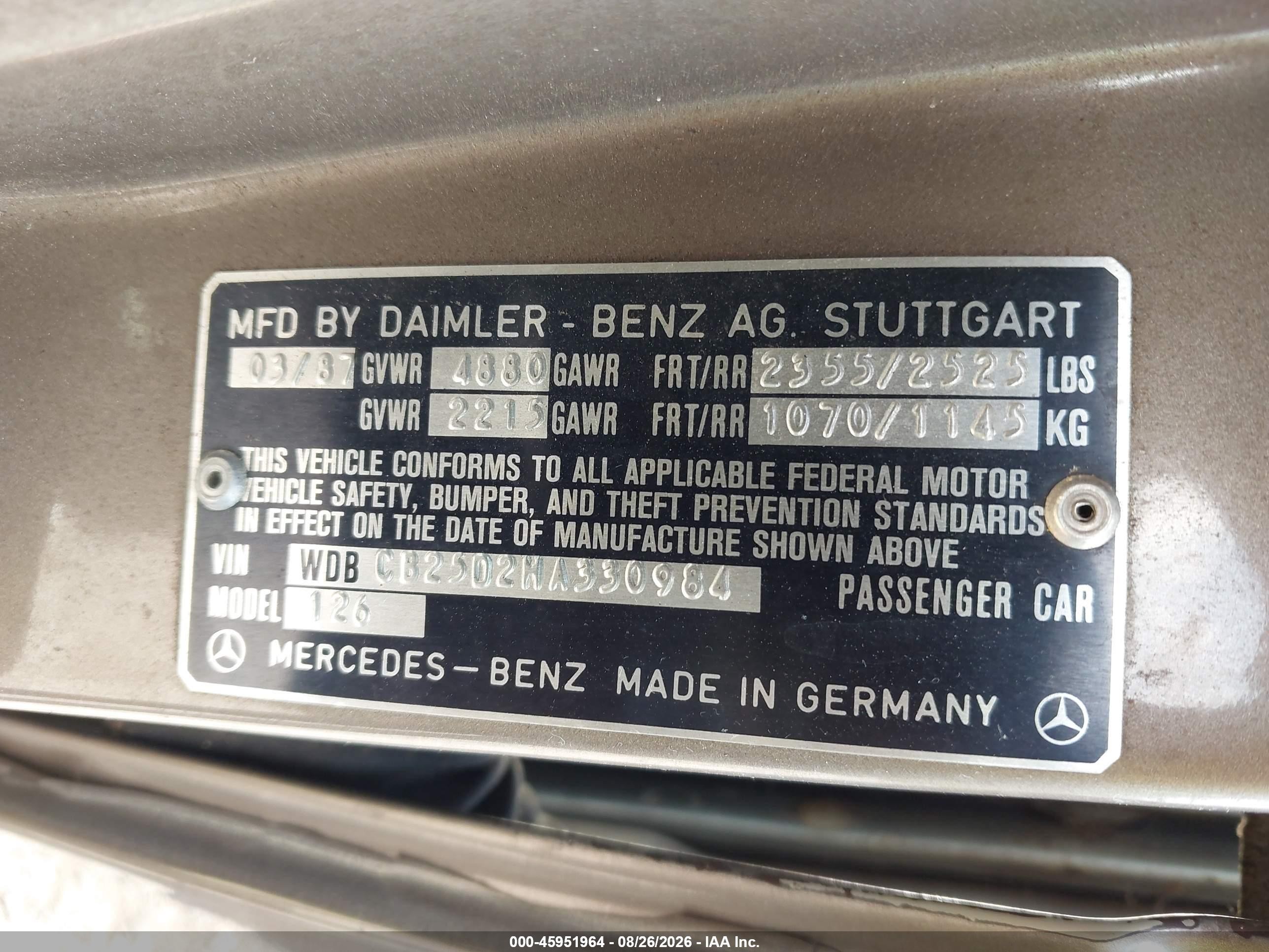1987 Mercedes-benz 300 Sdl Brown vin: WDBCB25D2HA330984