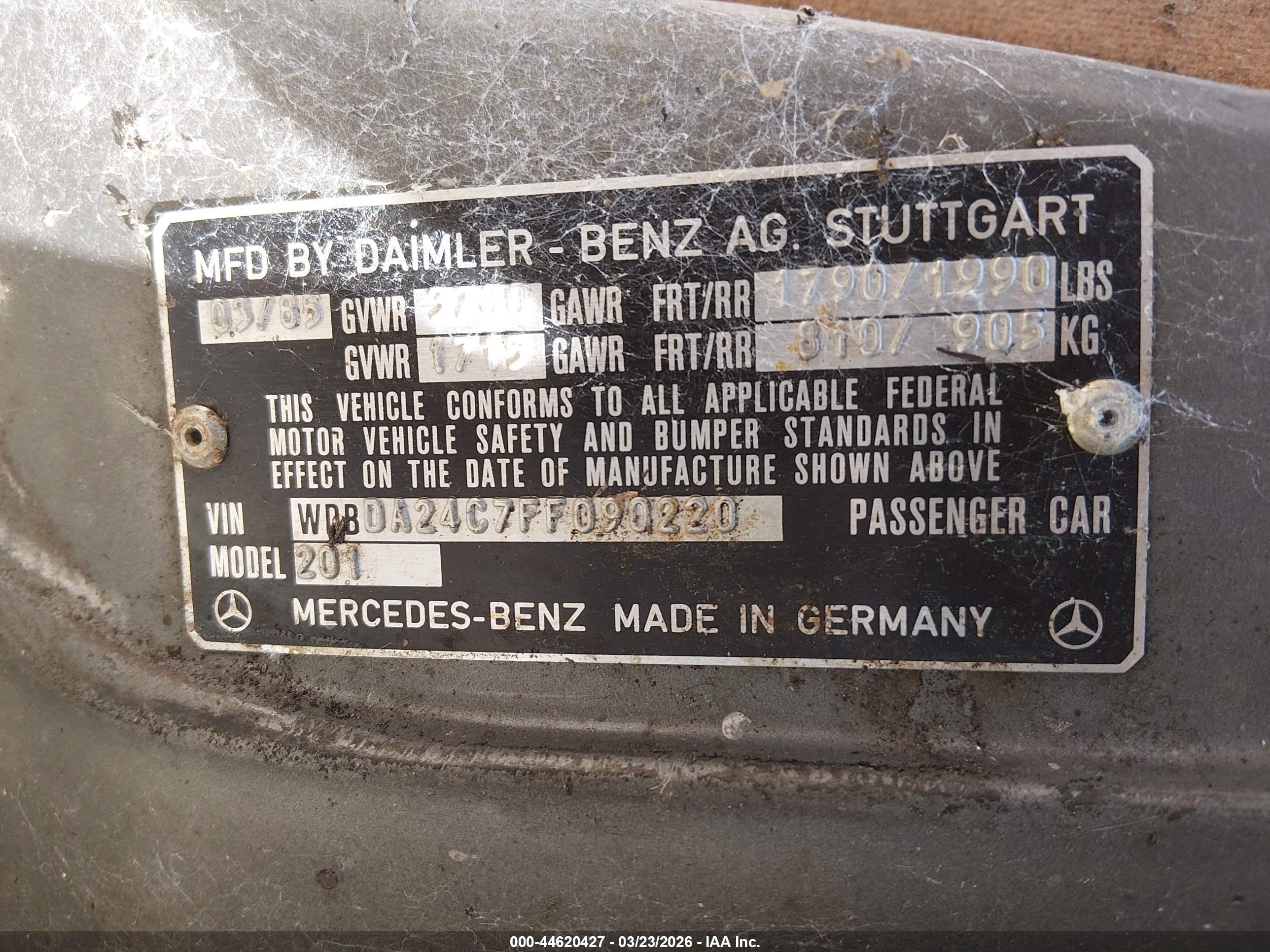 1985 Mercedes-benz 190 E 2.3 Gray vin: WDBDA24C7FF090220