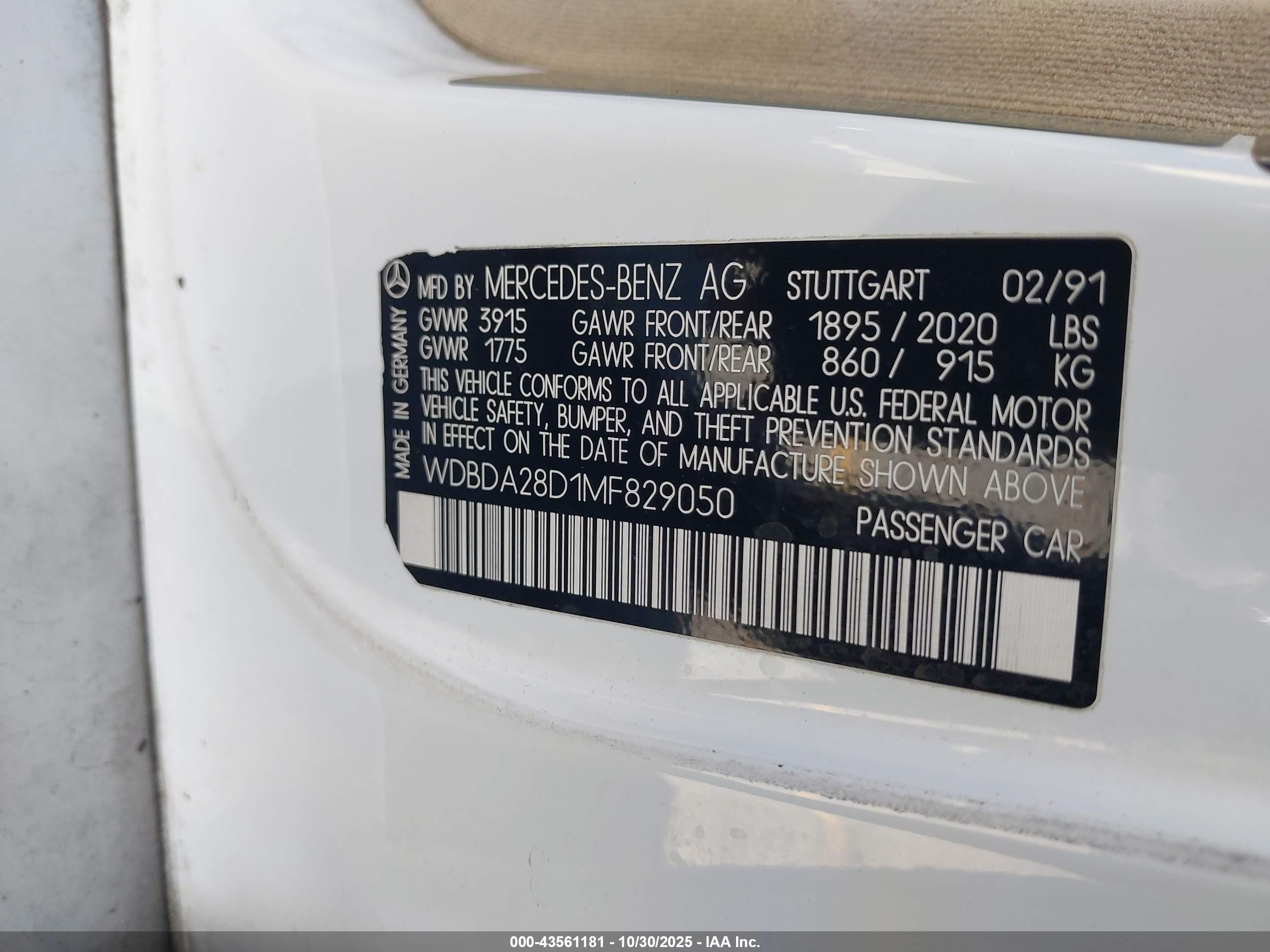 1991 Mercedes-benz 190 E 2.3 White vin: WDBDA28D1MF829050
