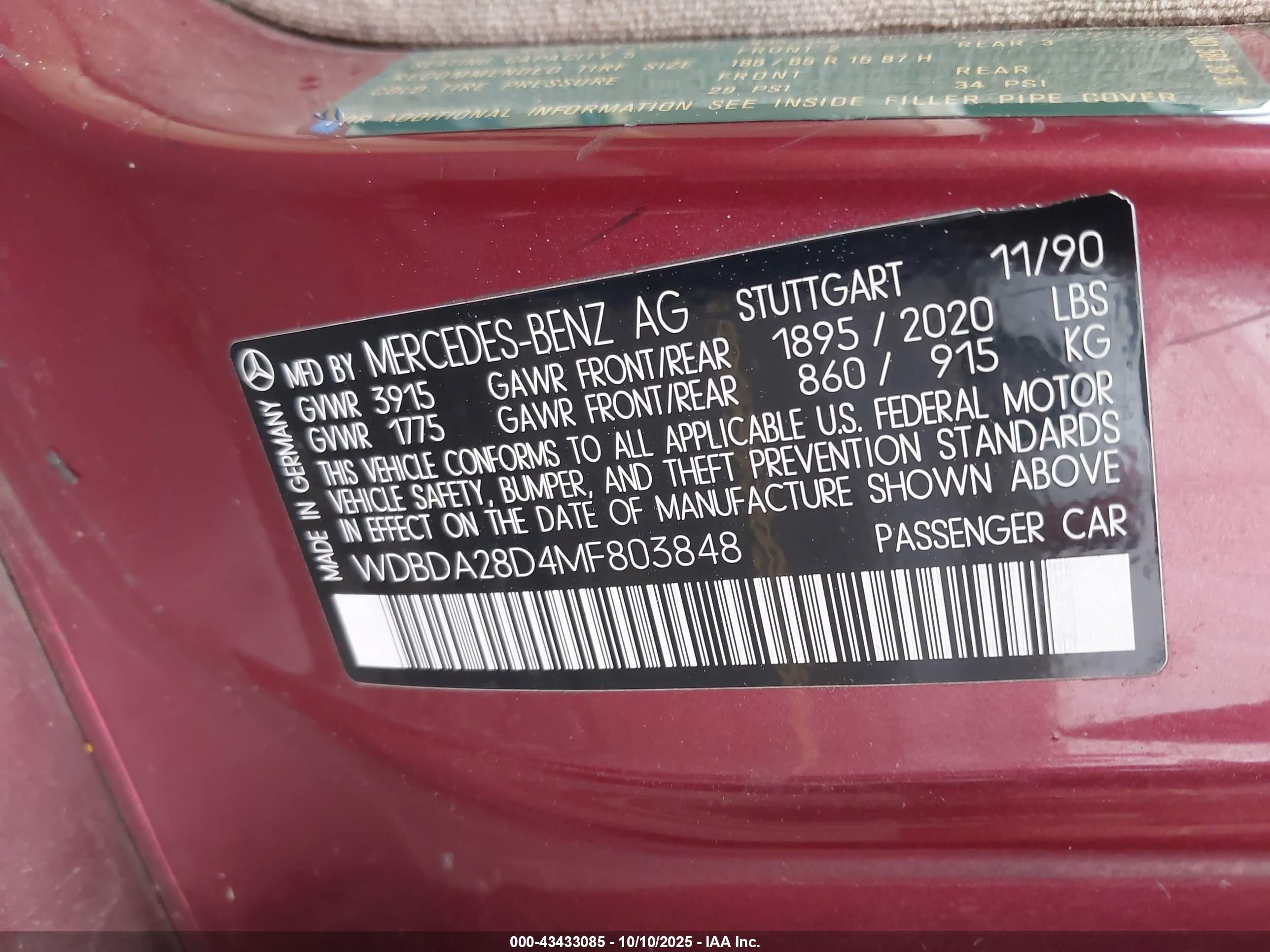 1991 Mercedes-benz 190 E 2.3 Red vin: WDBDA28D4MF803848