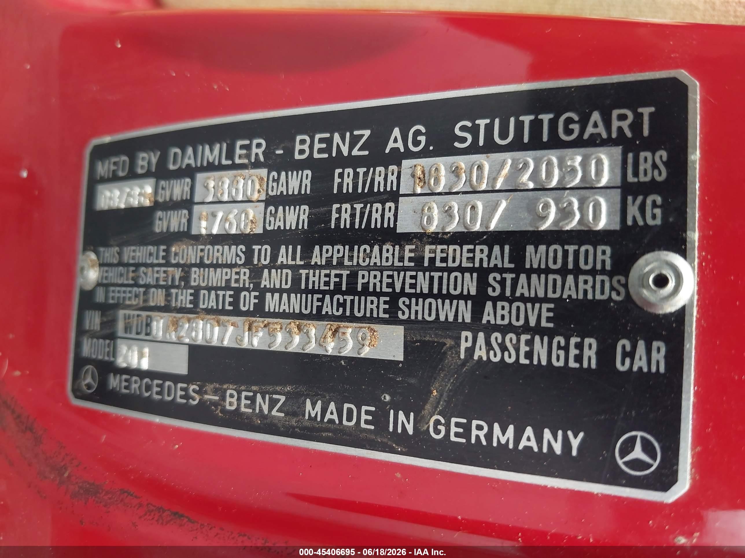 1988 Mercedes-benz 190 E 2.3 Красный vin: WDBDA28D7JF533459