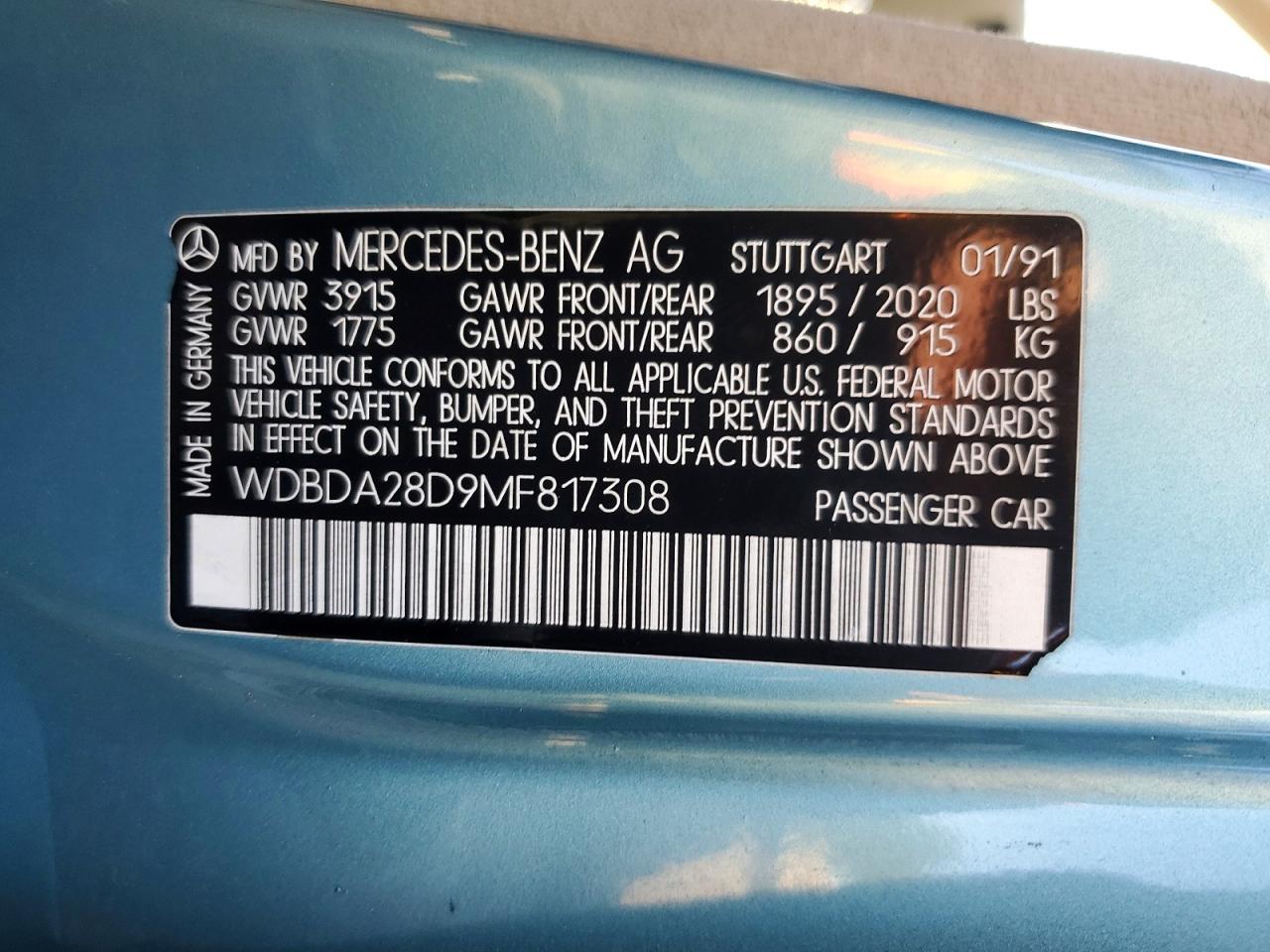 1991 Mercedes-benz 190 E Turquoise vin: WDBDA28D9MF817308