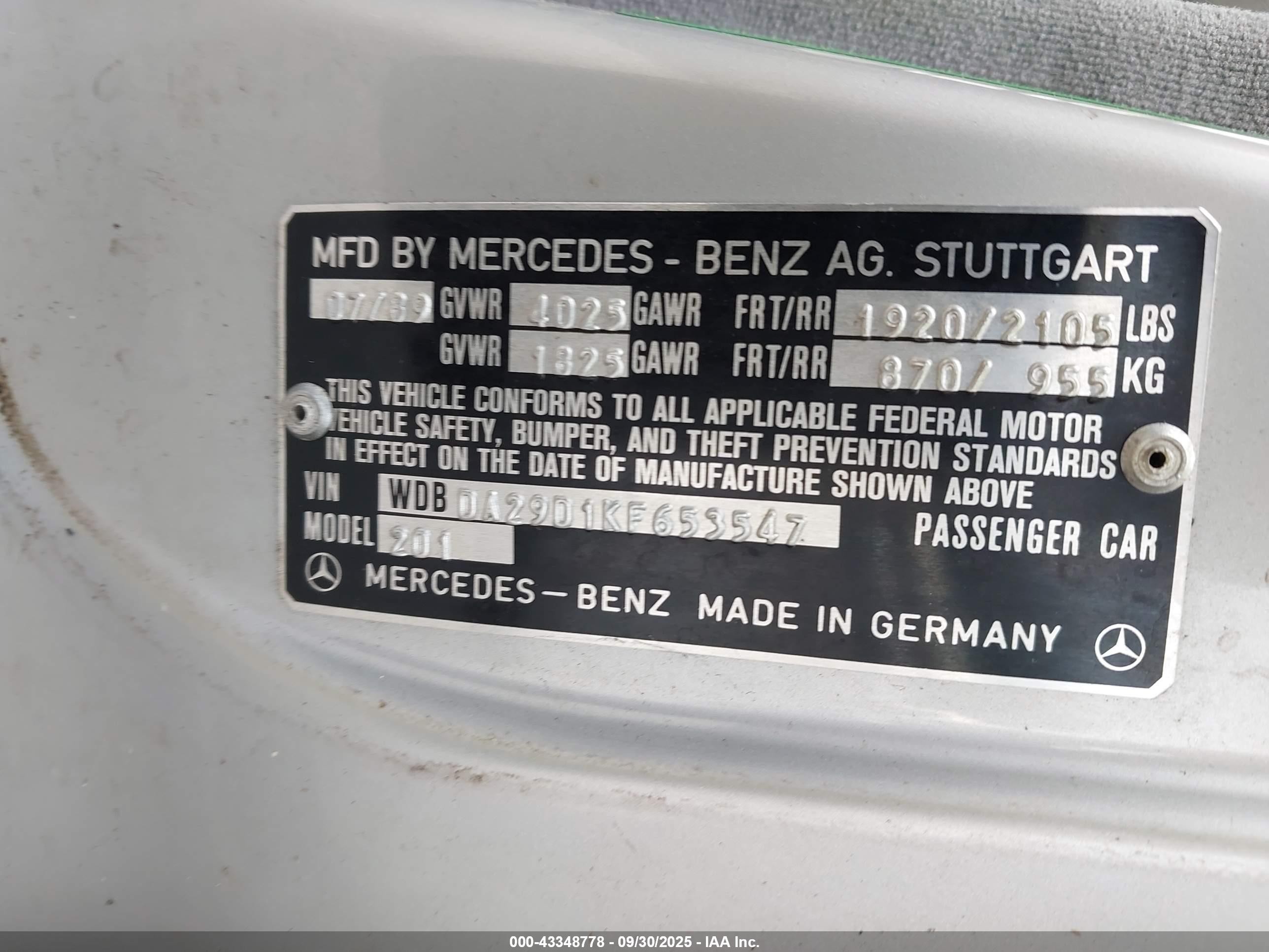 1989 Mercedes-benz 190 E 2.6 Серебряный vin: WDBDA29D1KF653547