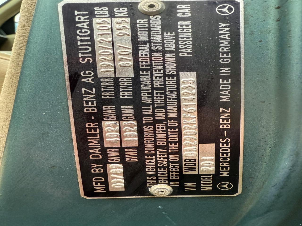 1989 Mercedes-benz 190 E 2.6 Teal vin: WDBDA29D2KF614238